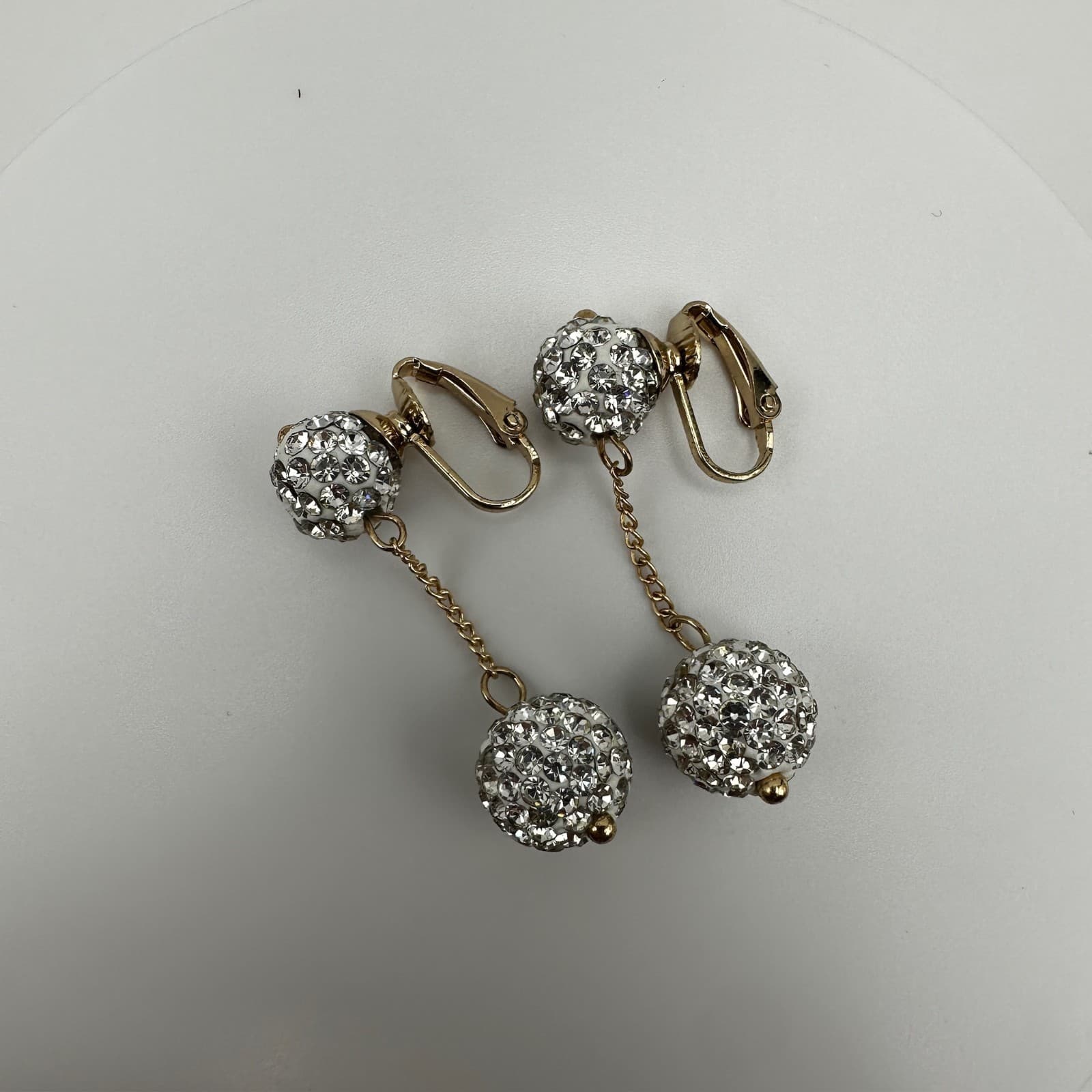 Vintage 90s Gold Rhinestone Disco Ball Dangle Clip On Earrings Pave Cluster Glam - Thumbnail 2