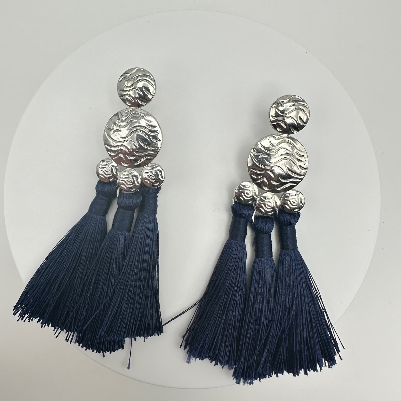 Vintage 90s Silver Tone Navy Blue Tassel Dangle Earrings Women's Jewelry - Thumbnail 5