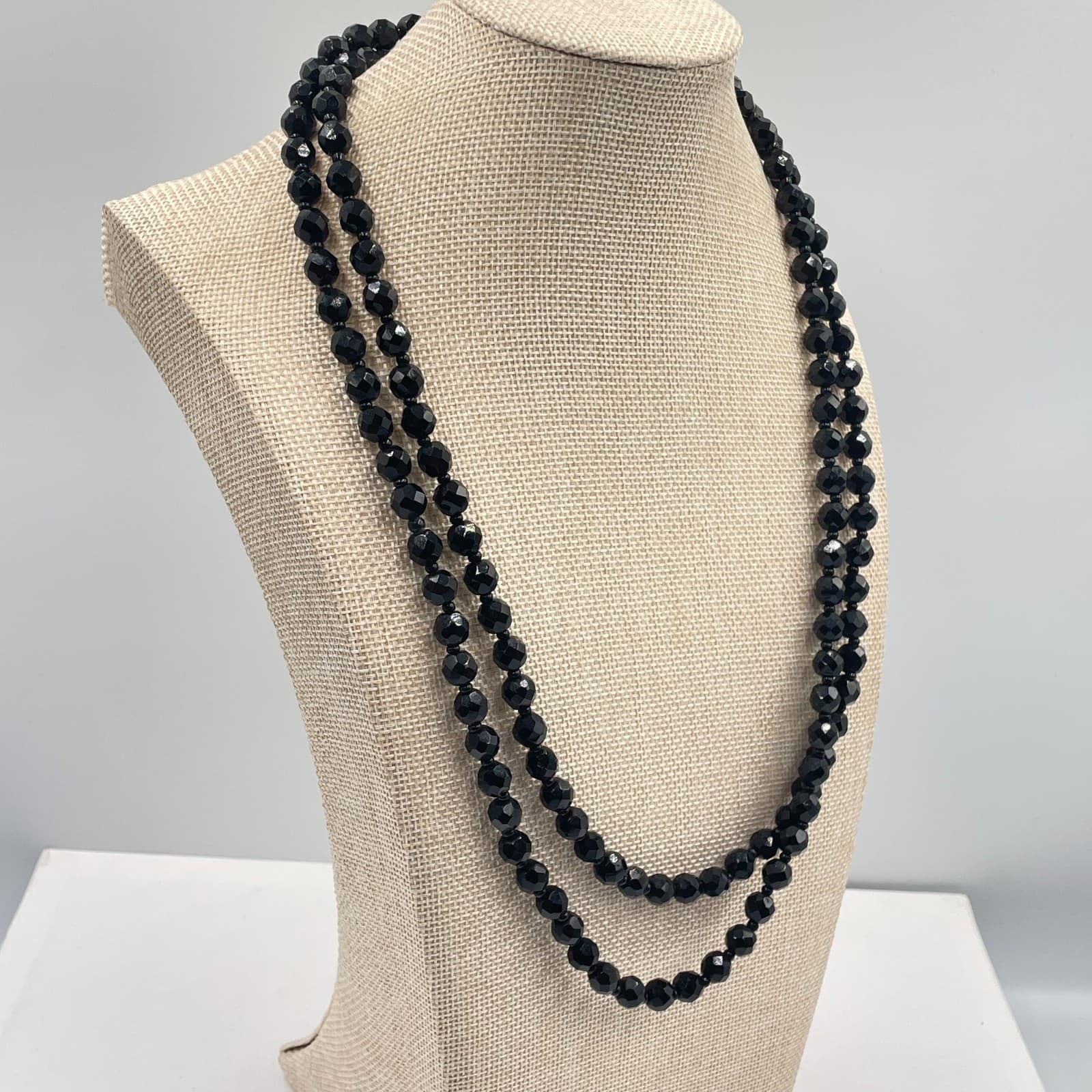 Vintage Black Faceted Round Double Strand French Jet Beaded Push Lock Necklace - Thumbnail 5