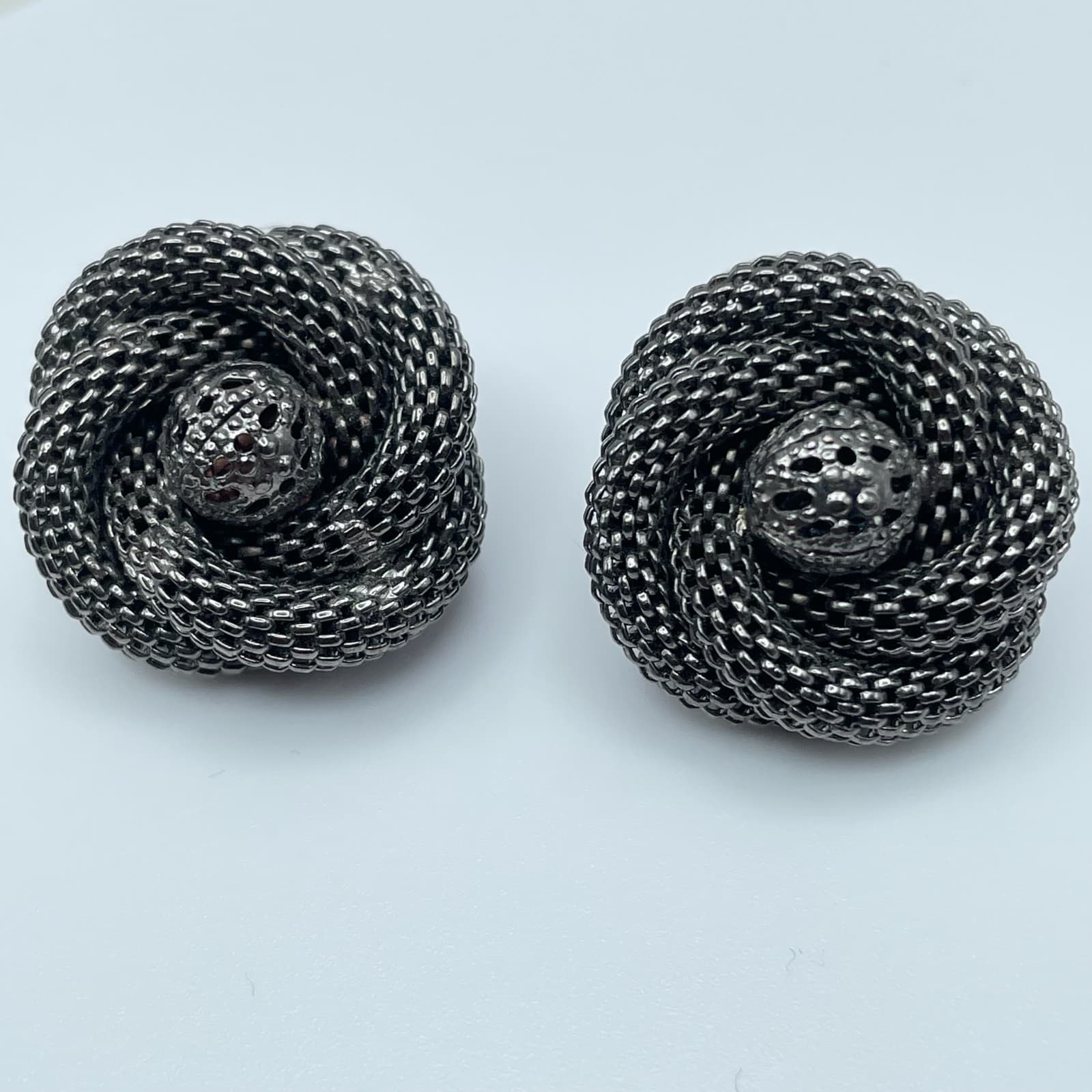 Vintage 80s Dark Silver Tone Mesh Rose Stud Earrings Women's Jewelry - Thumbnail 3