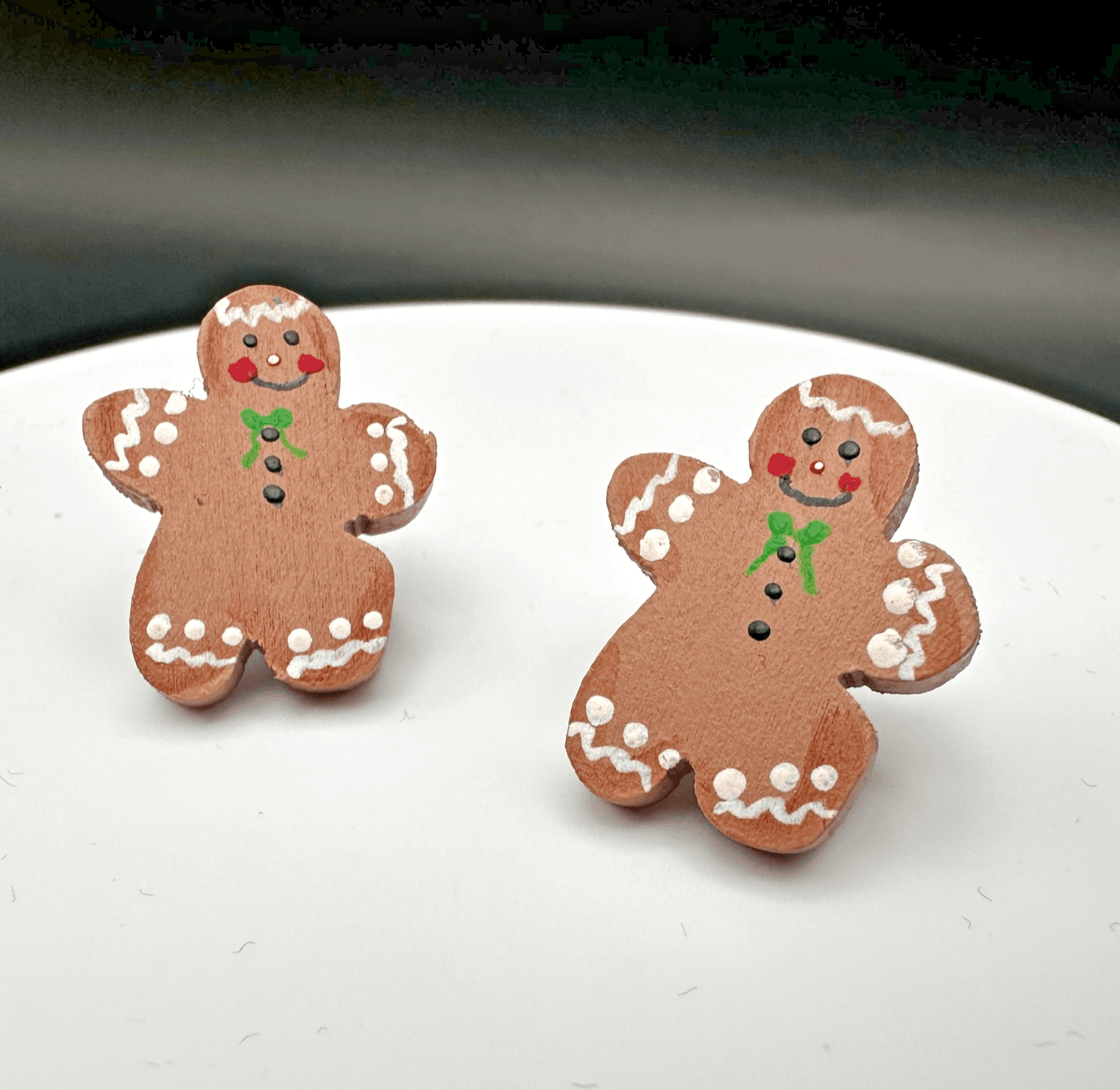 Vintage 90s Gingerbread Earrings Christmas Staple Novelty Post Stud Wood Jewelry - Image 1