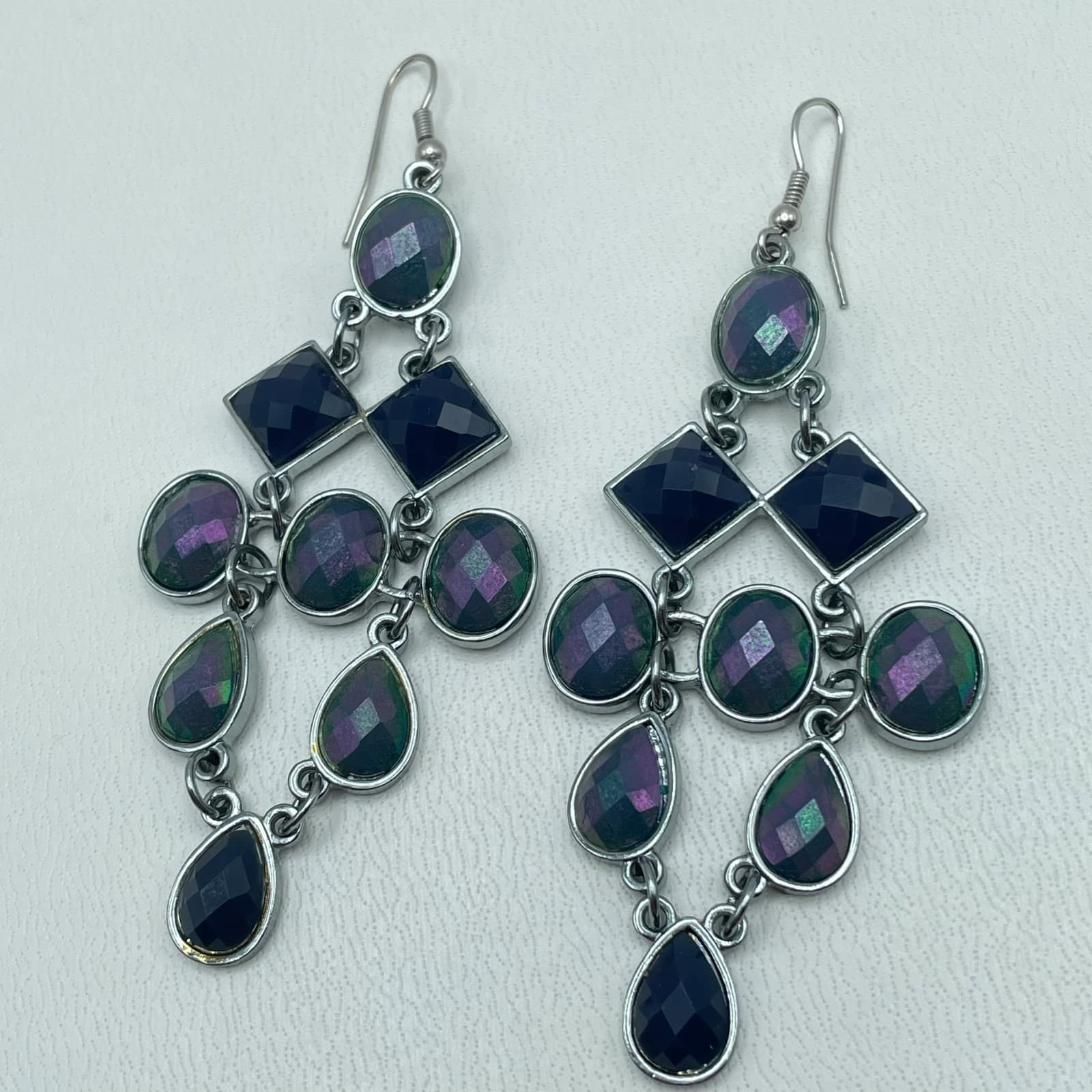 Vintage 90s Geometric Chandelier Dangle Earrings Iridescent Women's Jewelry - Thumbnail 4