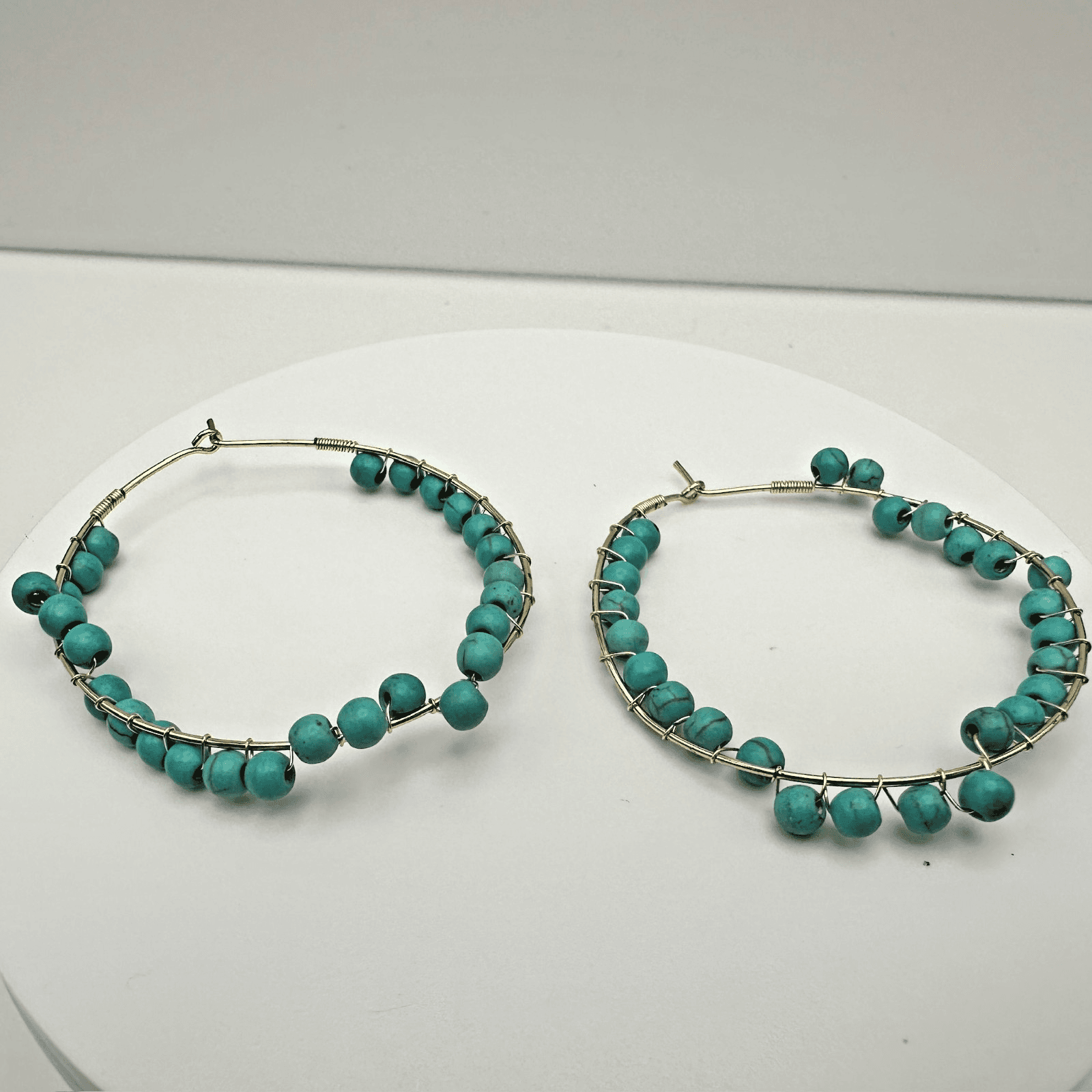 Vintage 90s Gold Tone Turquoise Bead Hoop Earrings Boho Women's Jewelry - Image 1