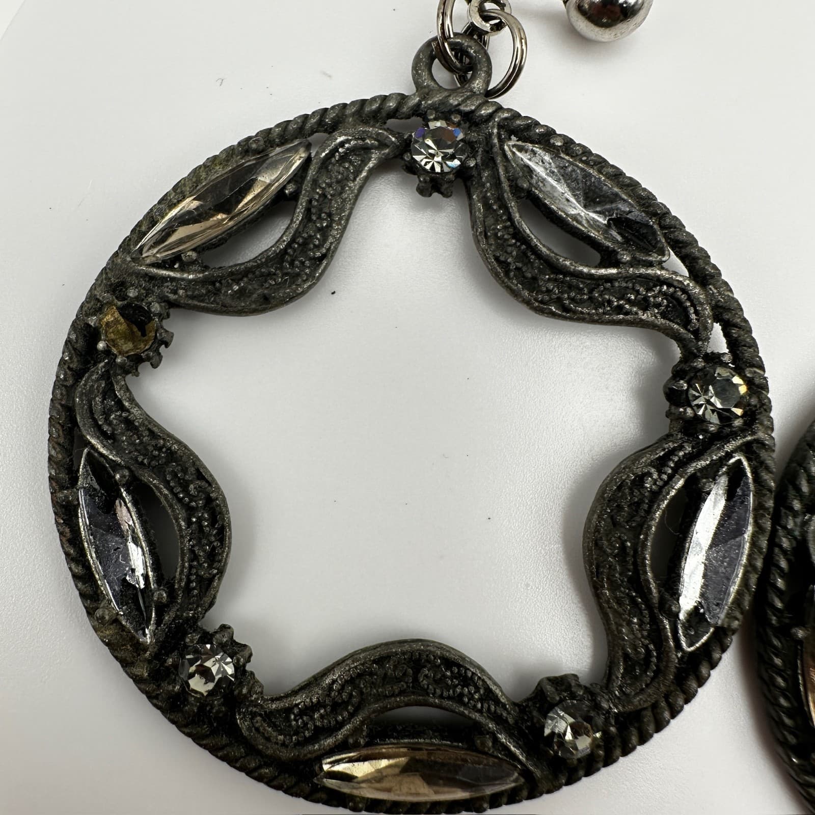 Vintage 90s Silver Tone Clip On Hoop Earrings Open Circle Clear Rhinestone - Thumbnail 6