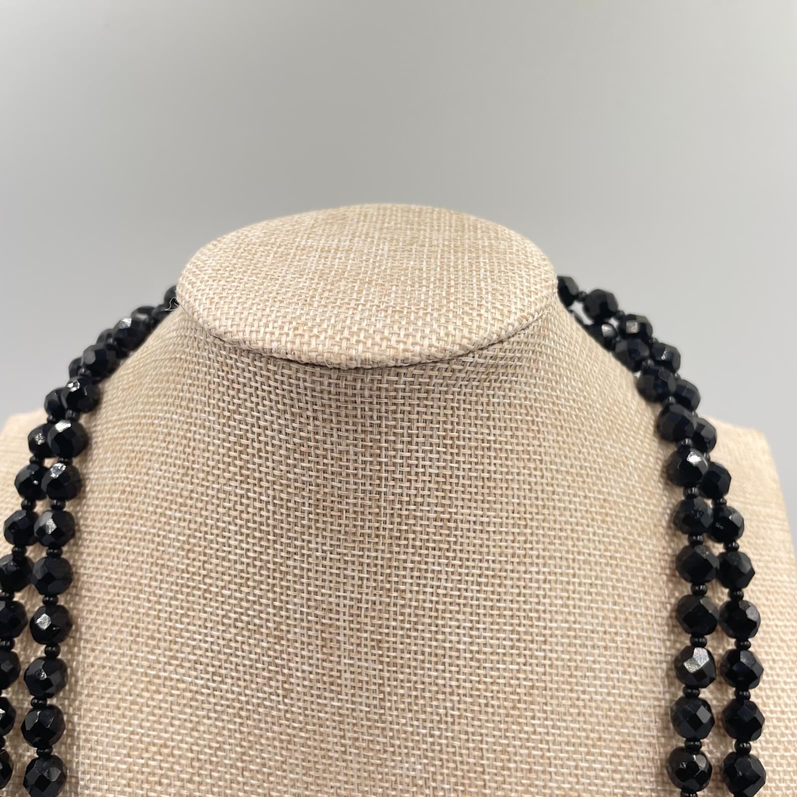 Vintage Black Faceted Round Double Strand French Jet Beaded Push Lock Necklace - Thumbnail 2