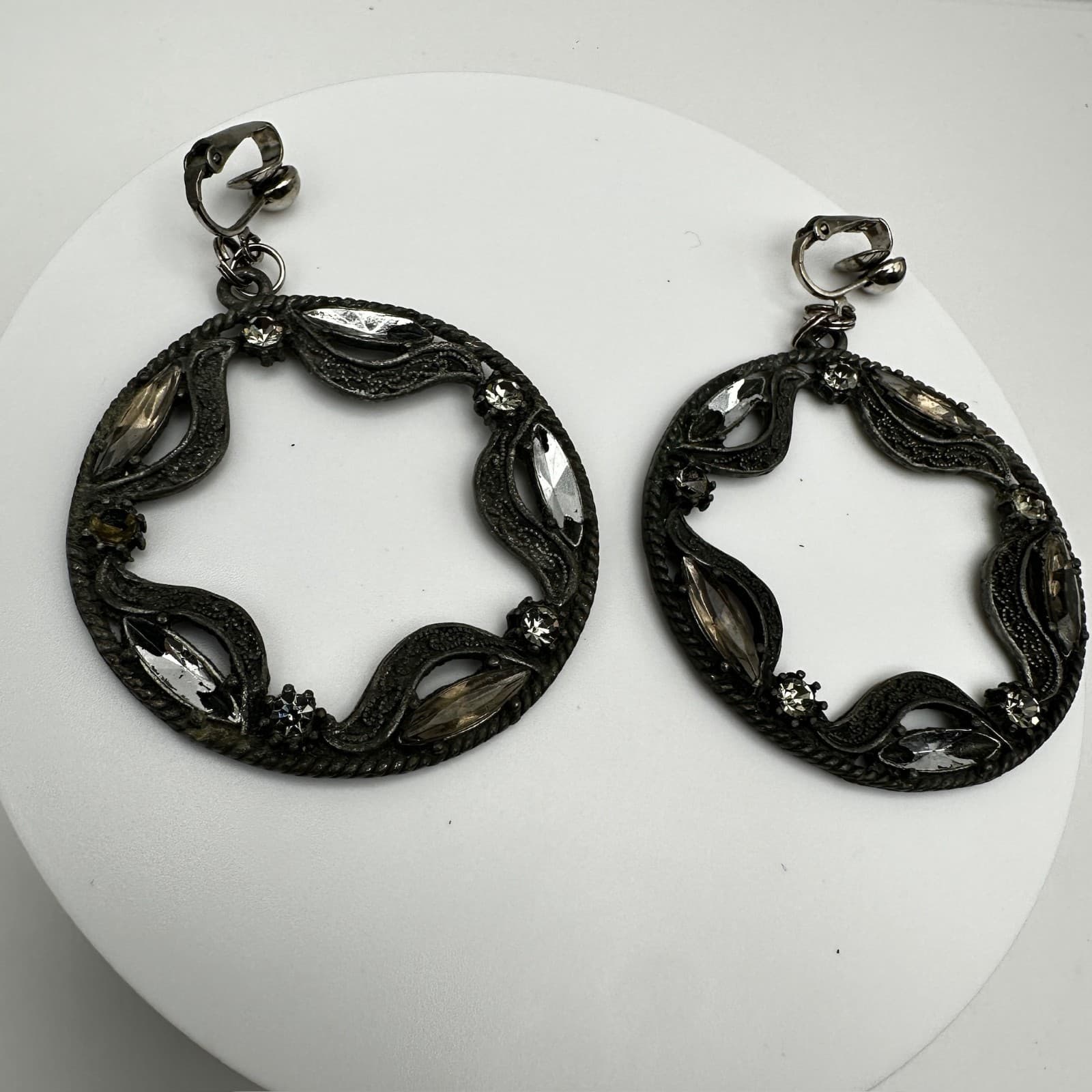 Vintage 90s Silver Tone Clip On Hoop Earrings Open Circle Clear Rhinestone - Thumbnail 2