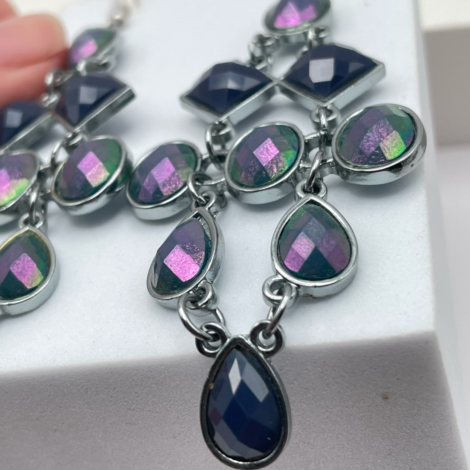 Vintage 90s Geometric Chandelier Dangle Earrings Iridescent Women's Jewelry - Thumbnail 5