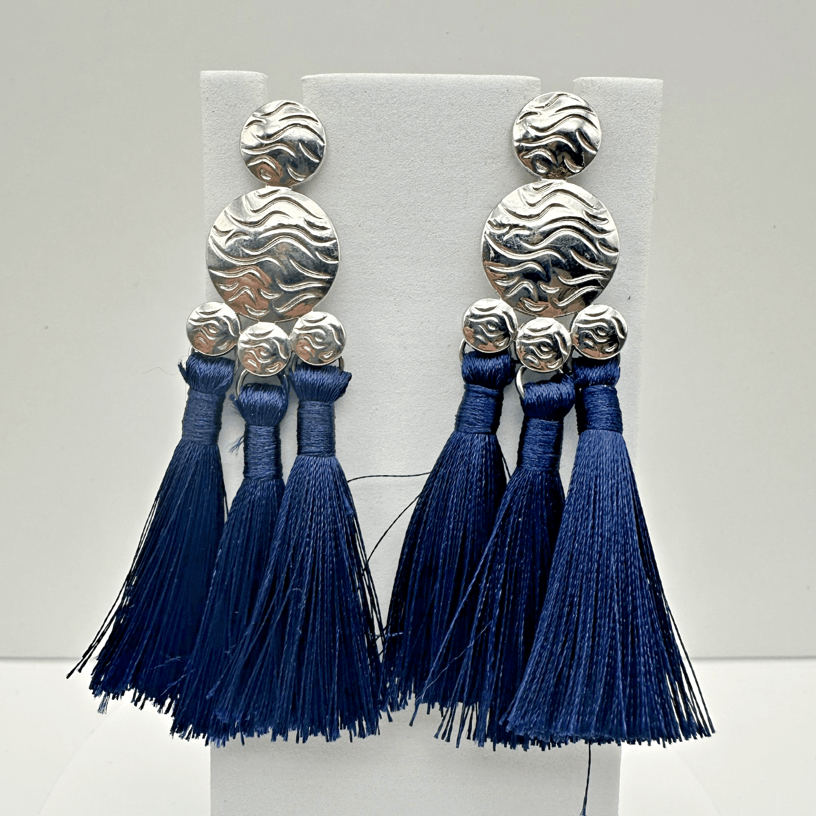 Vintage 90s Silver Tone Navy Blue Tassel Dangle Earrings Women's Jewelry - Image 1