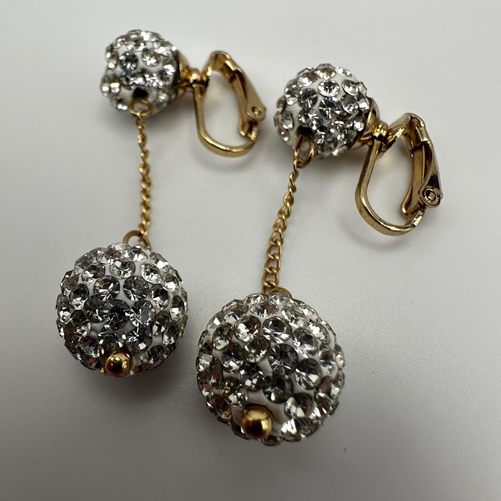 Vintage 90s Gold Rhinestone Disco Ball Dangle Clip On Earrings Pave Cluster Glam - Thumbnail 3
