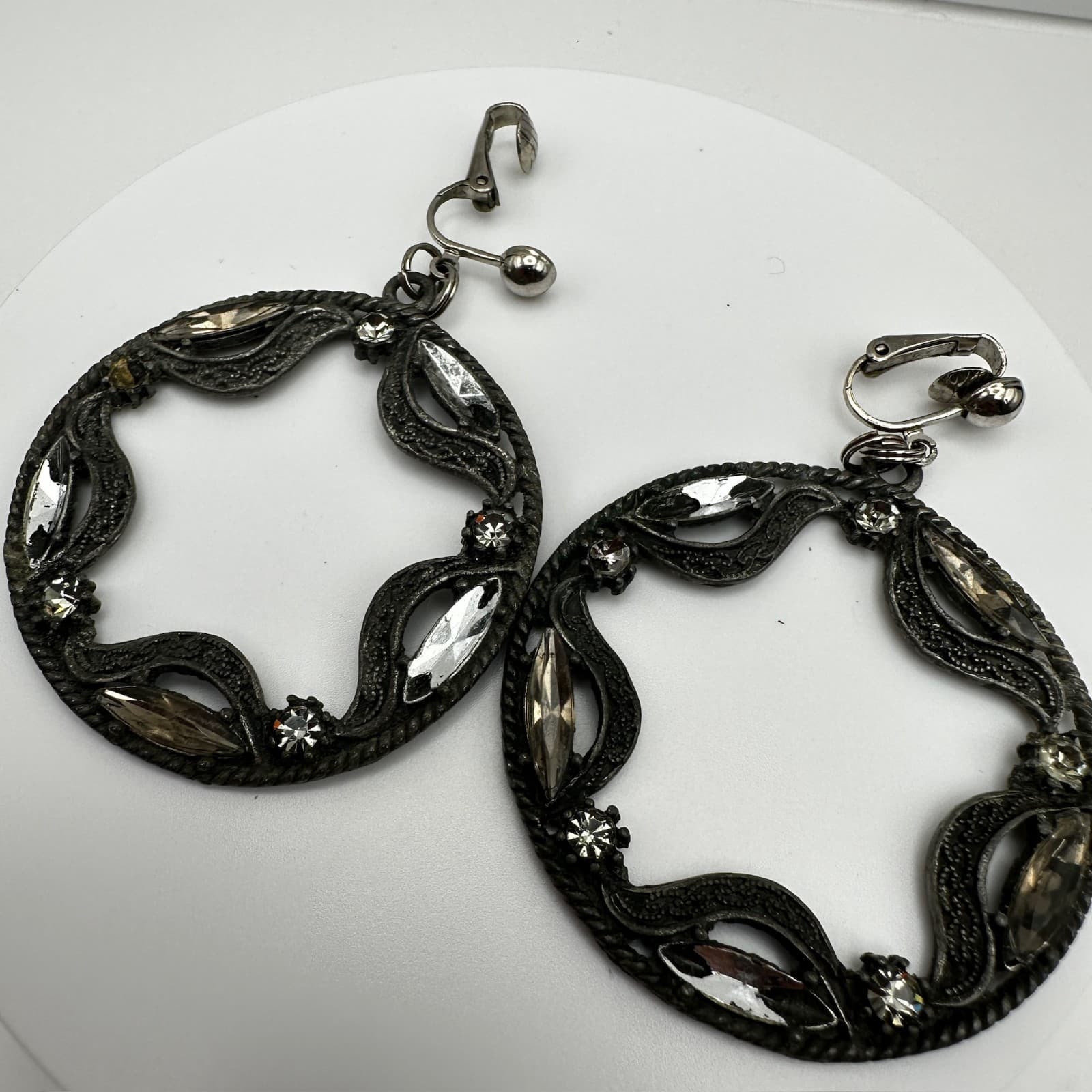 Vintage 90s Silver Tone Clip On Hoop Earrings Open Circle Clear Rhinestone - Thumbnail 4