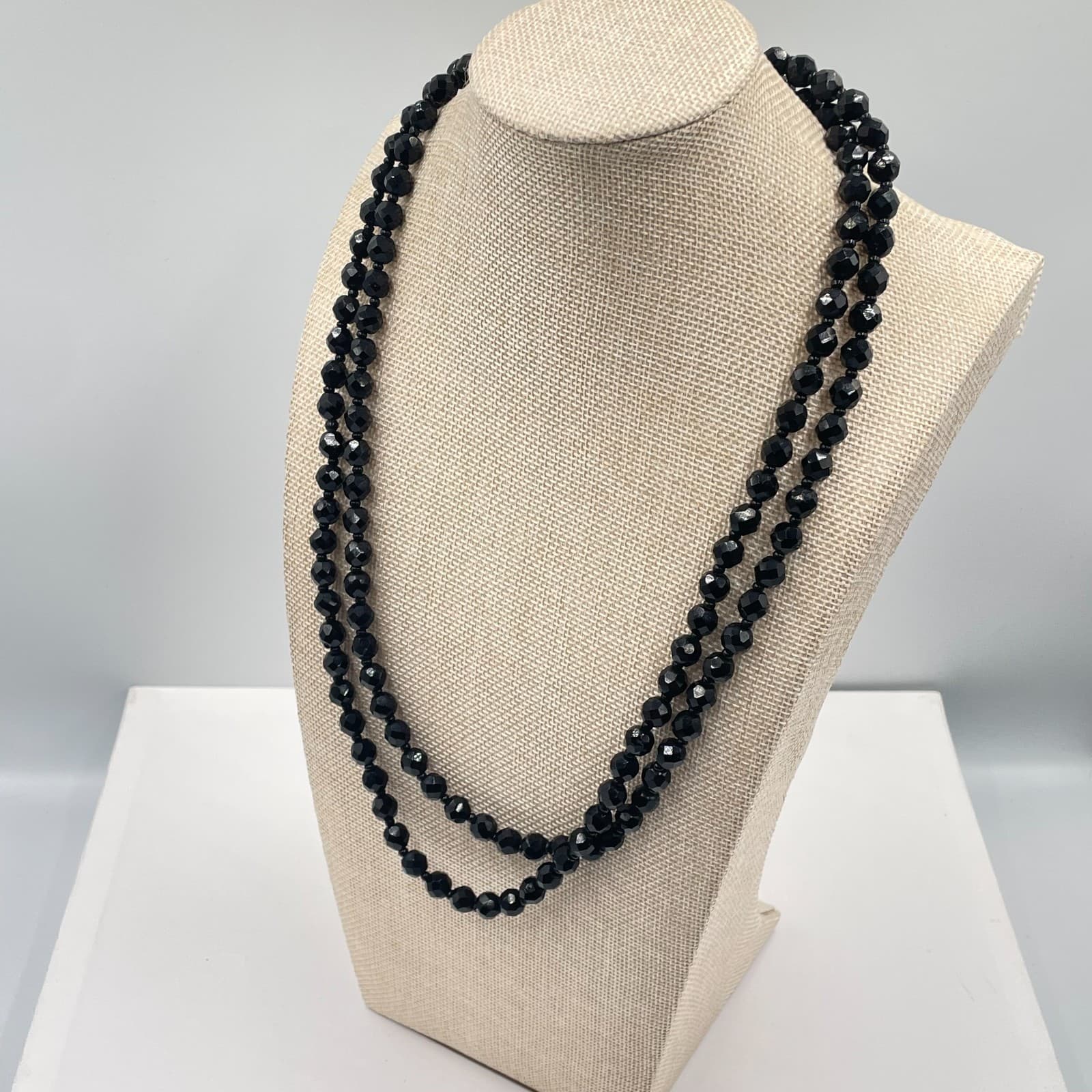 Vintage Black Faceted Round Double Strand French Jet Beaded Push Lock Necklace - Thumbnail 6