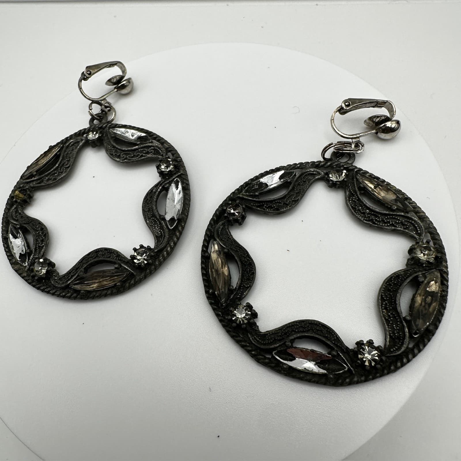 Vintage 90s Silver Tone Clip On Hoop Earrings Open Circle Clear Rhinestone - Thumbnail 3