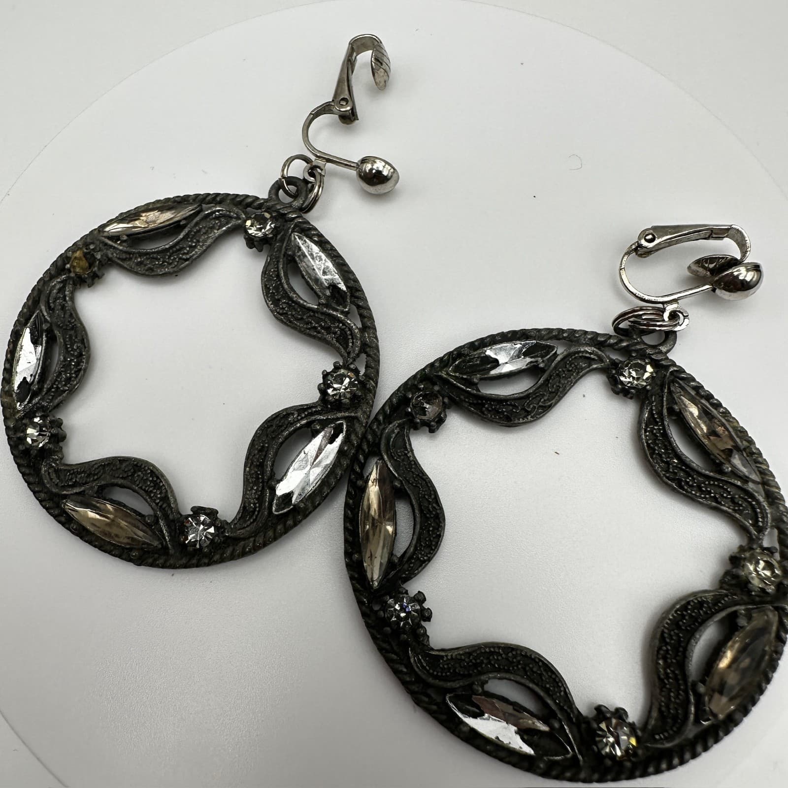 Vintage 90s Silver Tone Clip On Hoop Earrings Open Circle Clear Rhinestone - Thumbnail 5