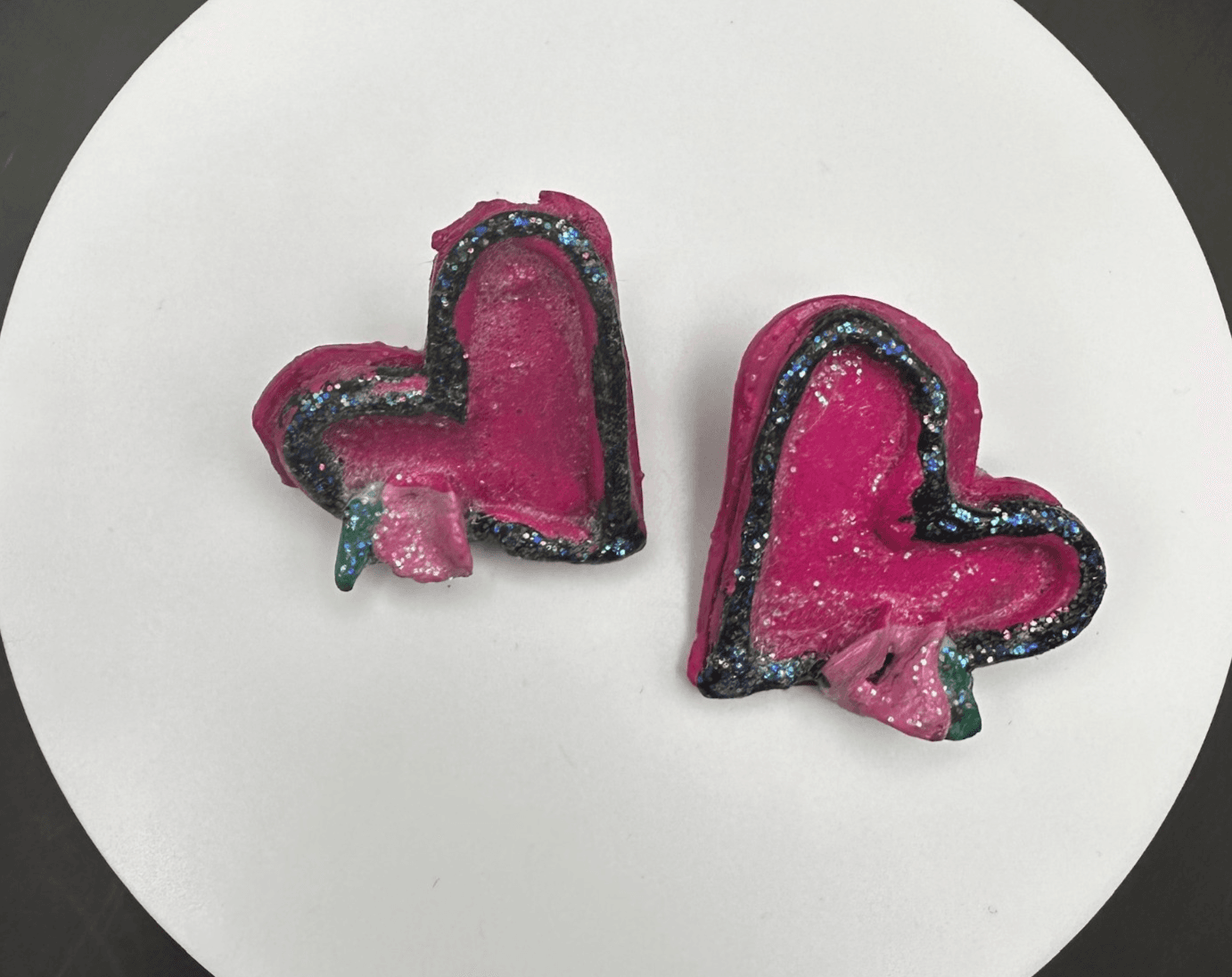 Vintage 90s Neon Pink Glitter Heart Post Stud Earrings Grunge Statement Jewelry - Image 1
