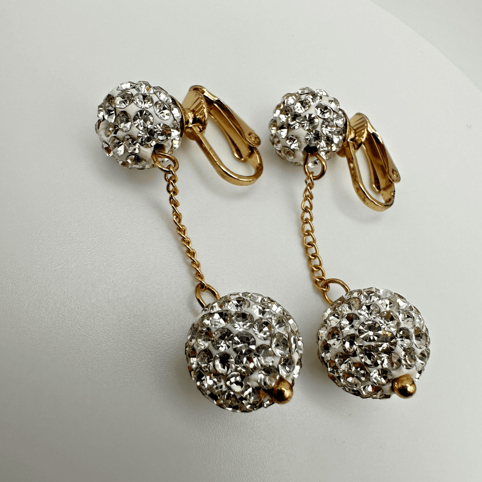 Vintage 90s Gold Rhinestone Disco Ball Dangle Clip On Earrings Pave Cluster Glam - Image 1