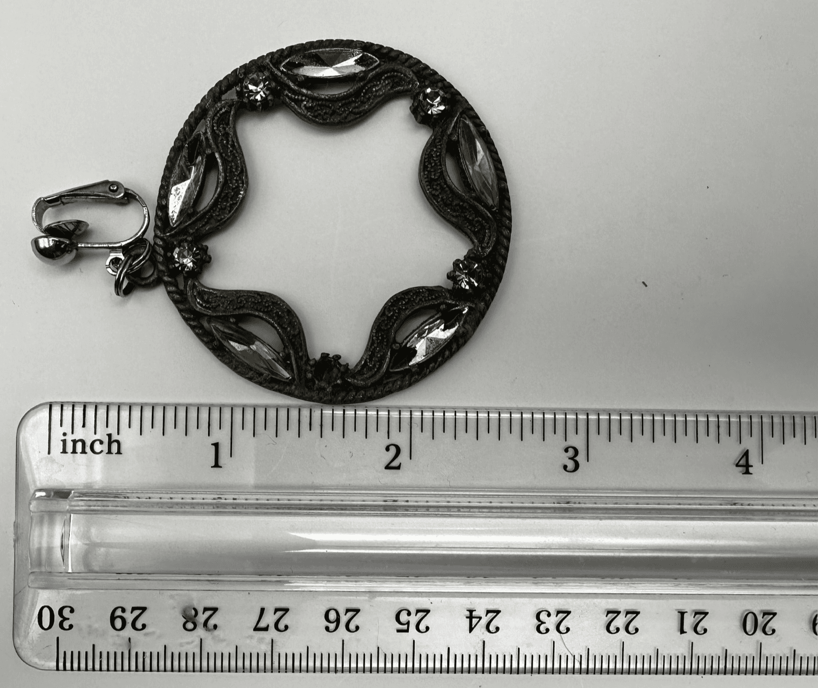 Vintage 90s Silver Tone Clip On Hoop Earrings Open Circle Clear Rhinestone - Thumbnail 7