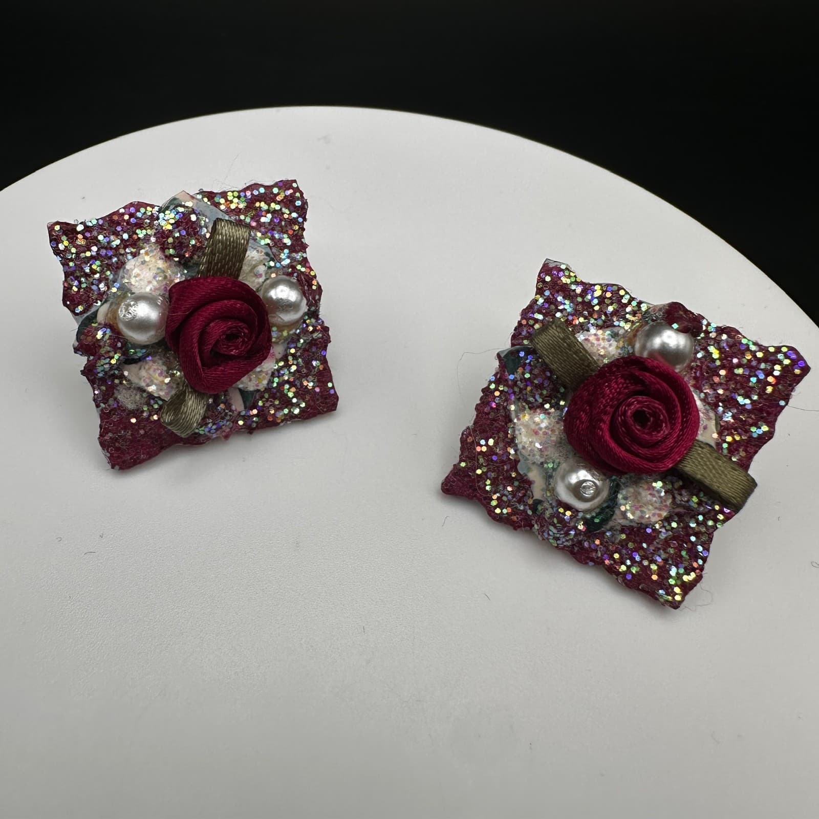 Vintage 90s Square Glitter Handmade Stud Earrings Rose Pearl Statement Jewelry - Thumbnail 2