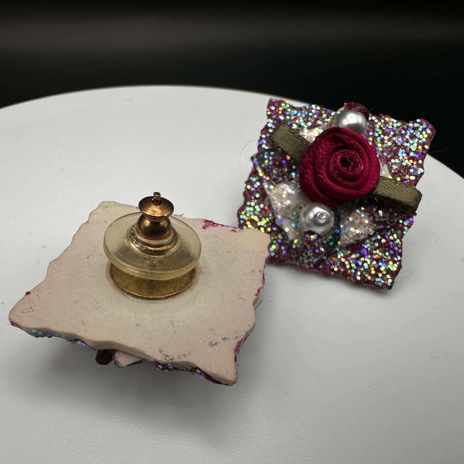 Vintage 90s Square Glitter Handmade Stud Earrings Rose Pearl Statement Jewelry - Thumbnail 4