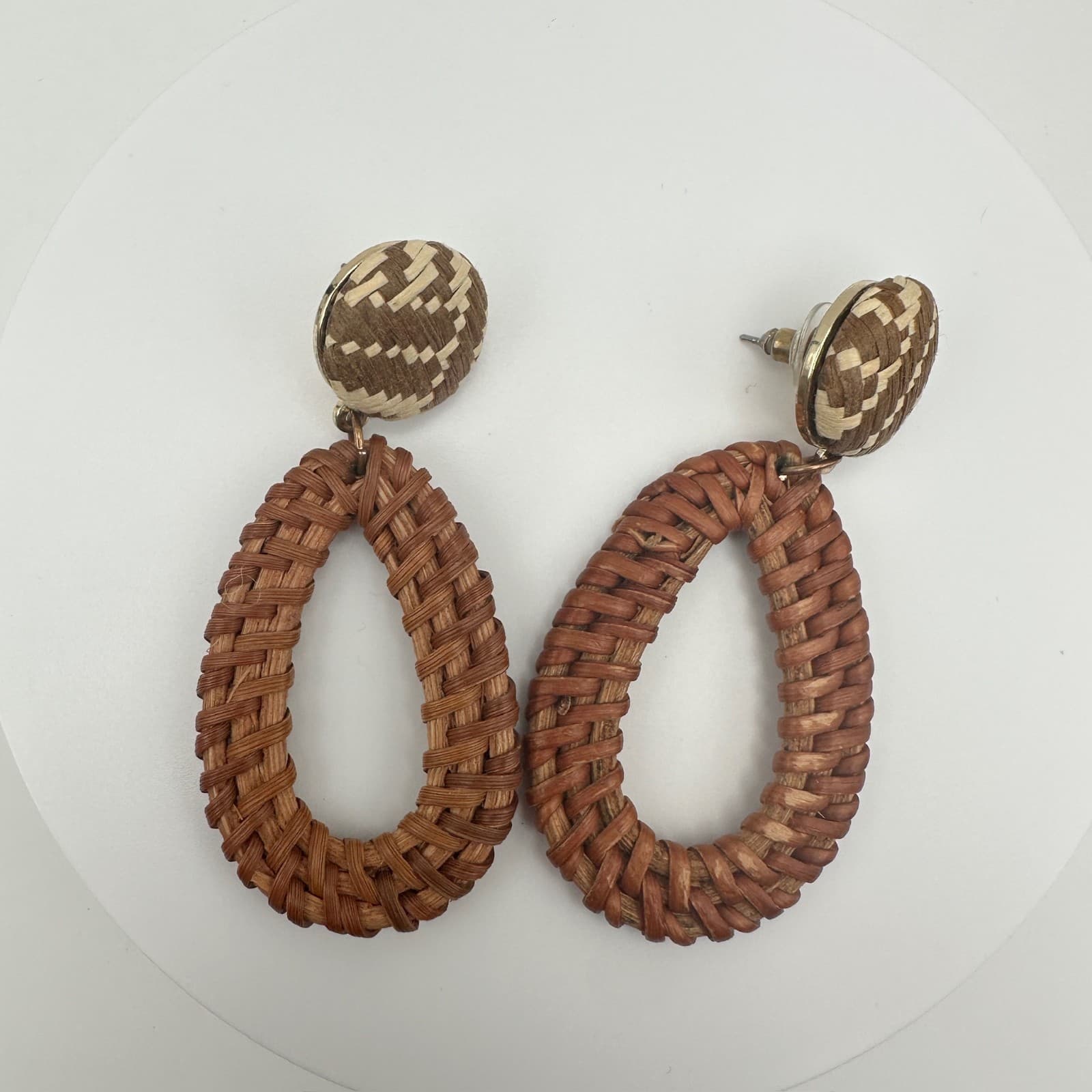 Vintage 90s Woven Rattan Teardrop Dangle Earrings Boho Straw Statement Jewelry - Thumbnail 5