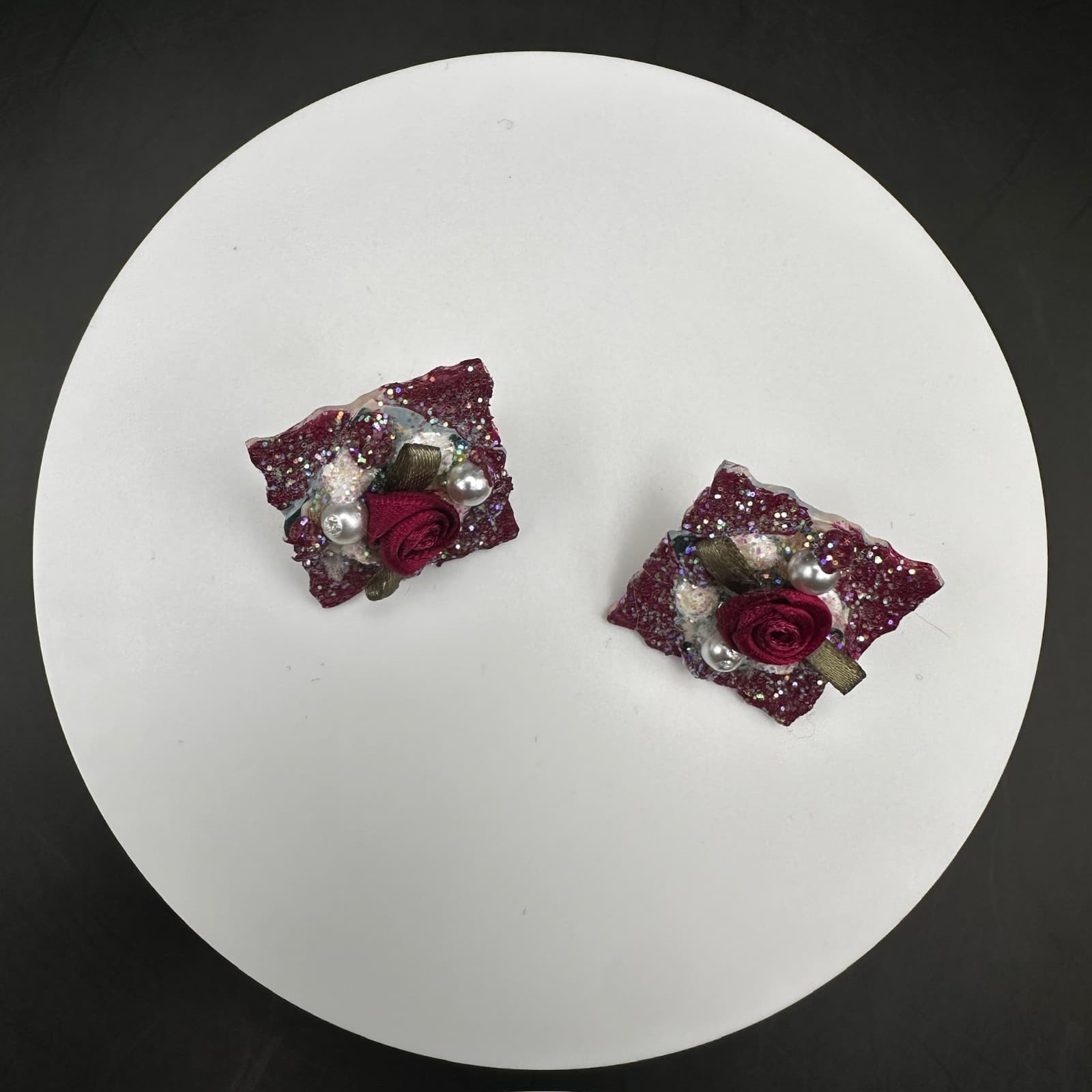 Vintage 90s Square Glitter Handmade Stud Earrings Rose Pearl Statement Jewelry - Thumbnail 3