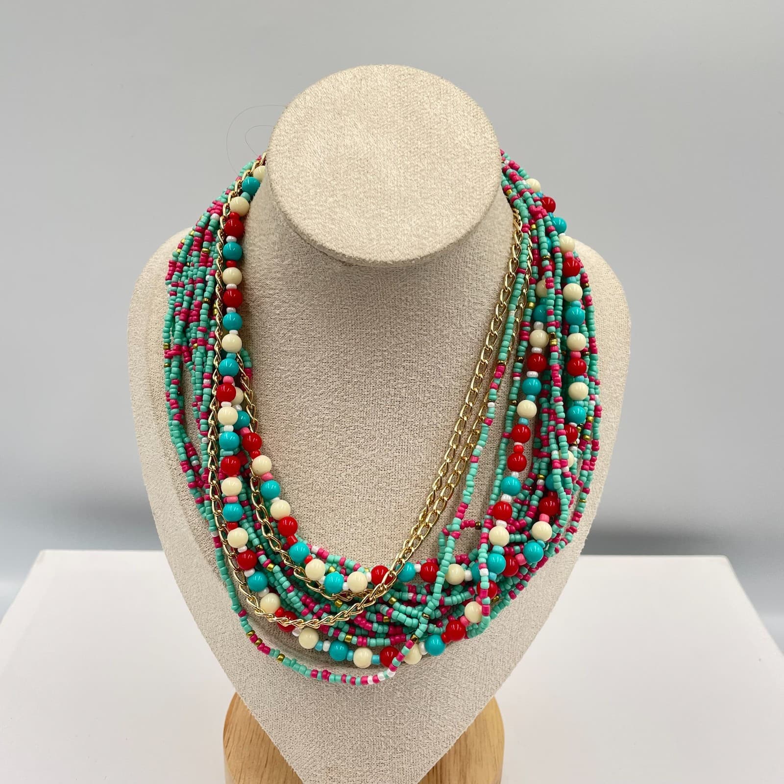 Gold-Tone Chain Multicolor Seed Bead Multi-Stranded Layered Bib Lobster Necklace - Image 1