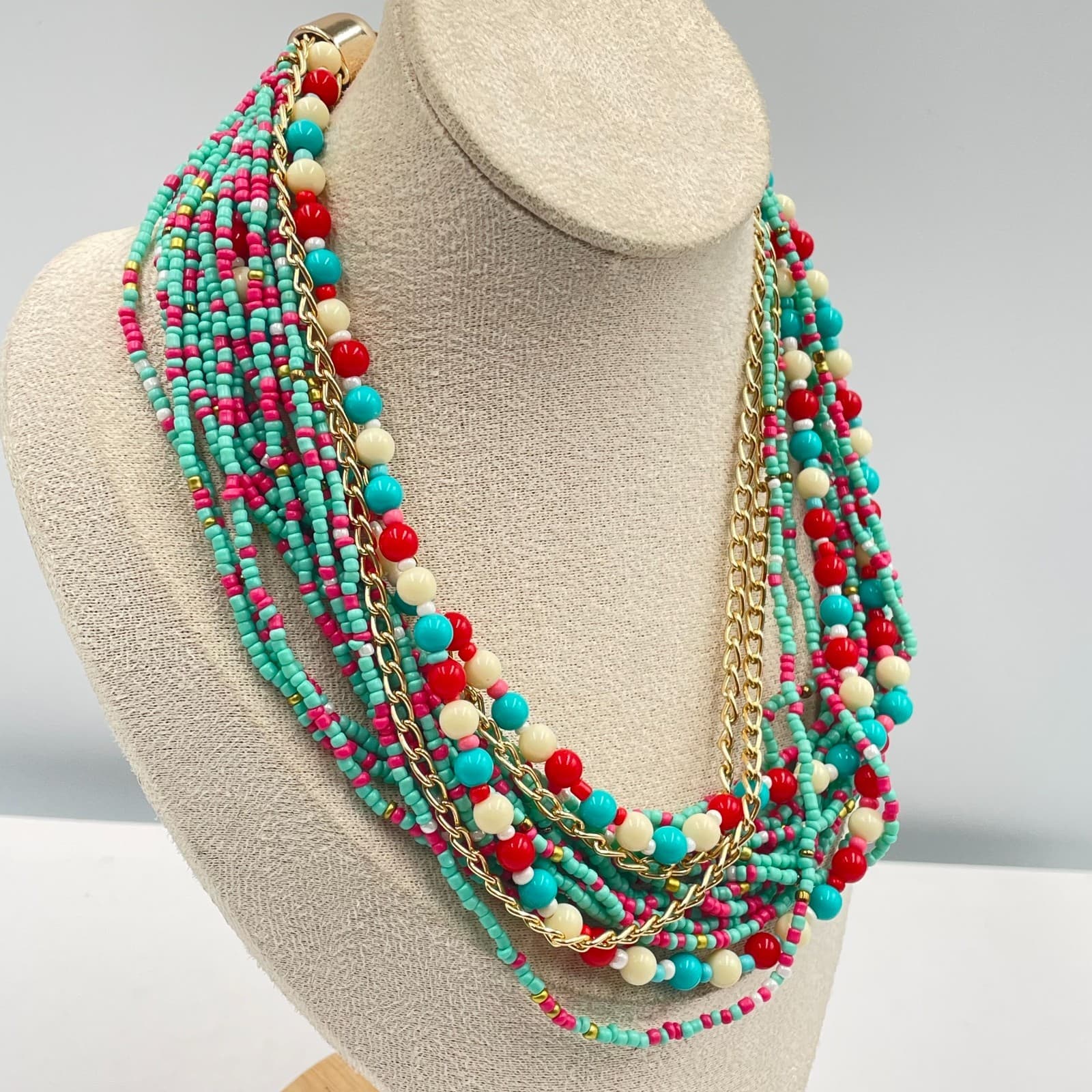 Gold-Tone Chain Multicolor Seed Bead Multi-Stranded Layered Bib Lobster Necklace - Thumbnail 4