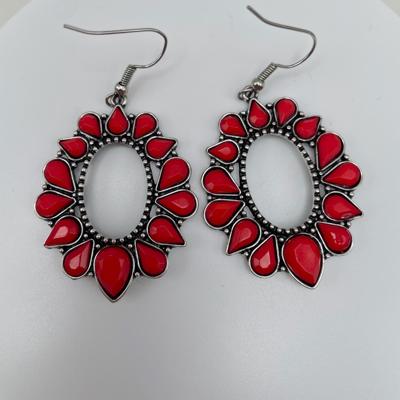 Vintage 80s Red Stone Silver Tone Oval Drop Large Earrings Women's Jewelry - Thumbnail 3