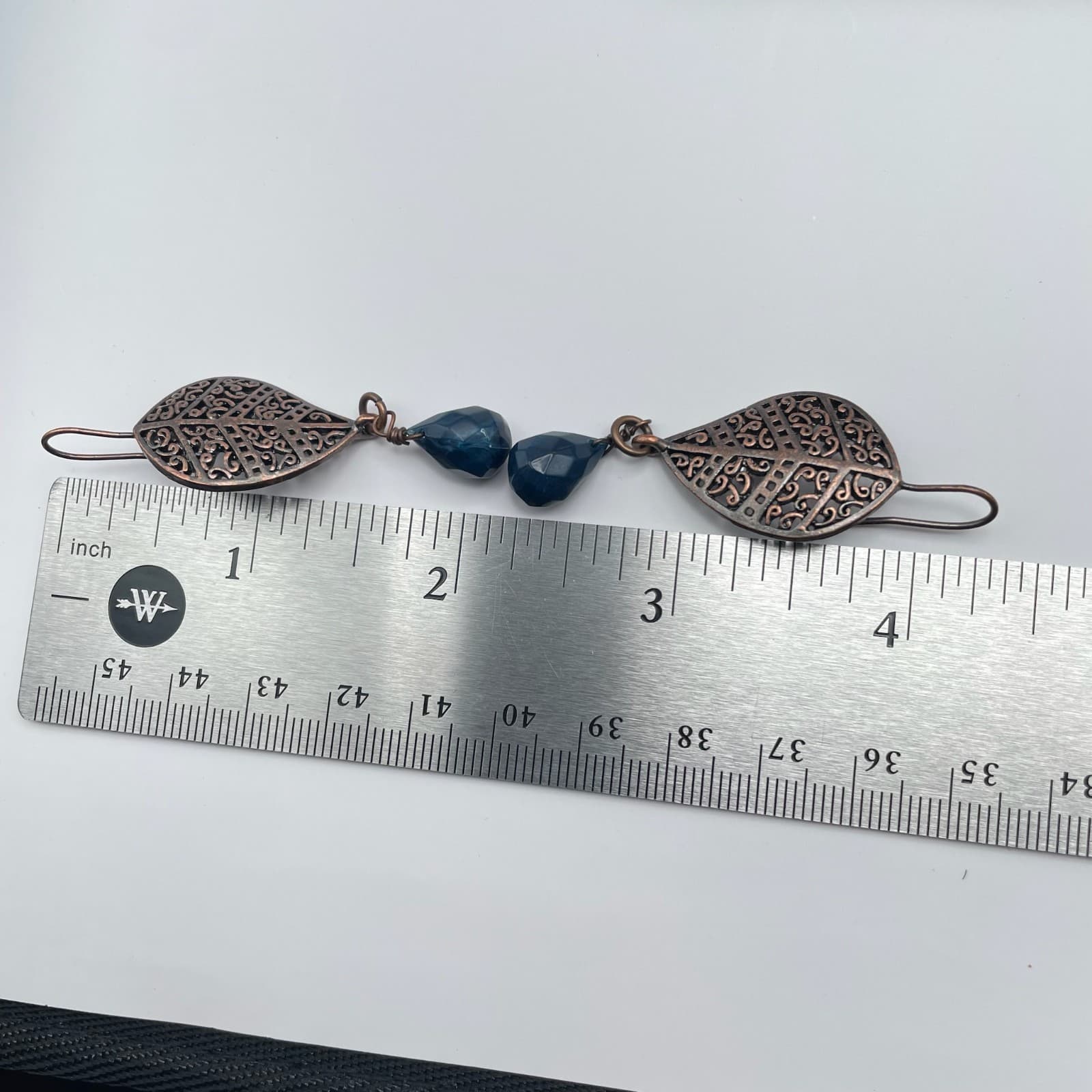 Vintage 90s Leaf Filigree Blue Teardrop Earrings Copper Tone Women's Jewelry - Thumbnail 8