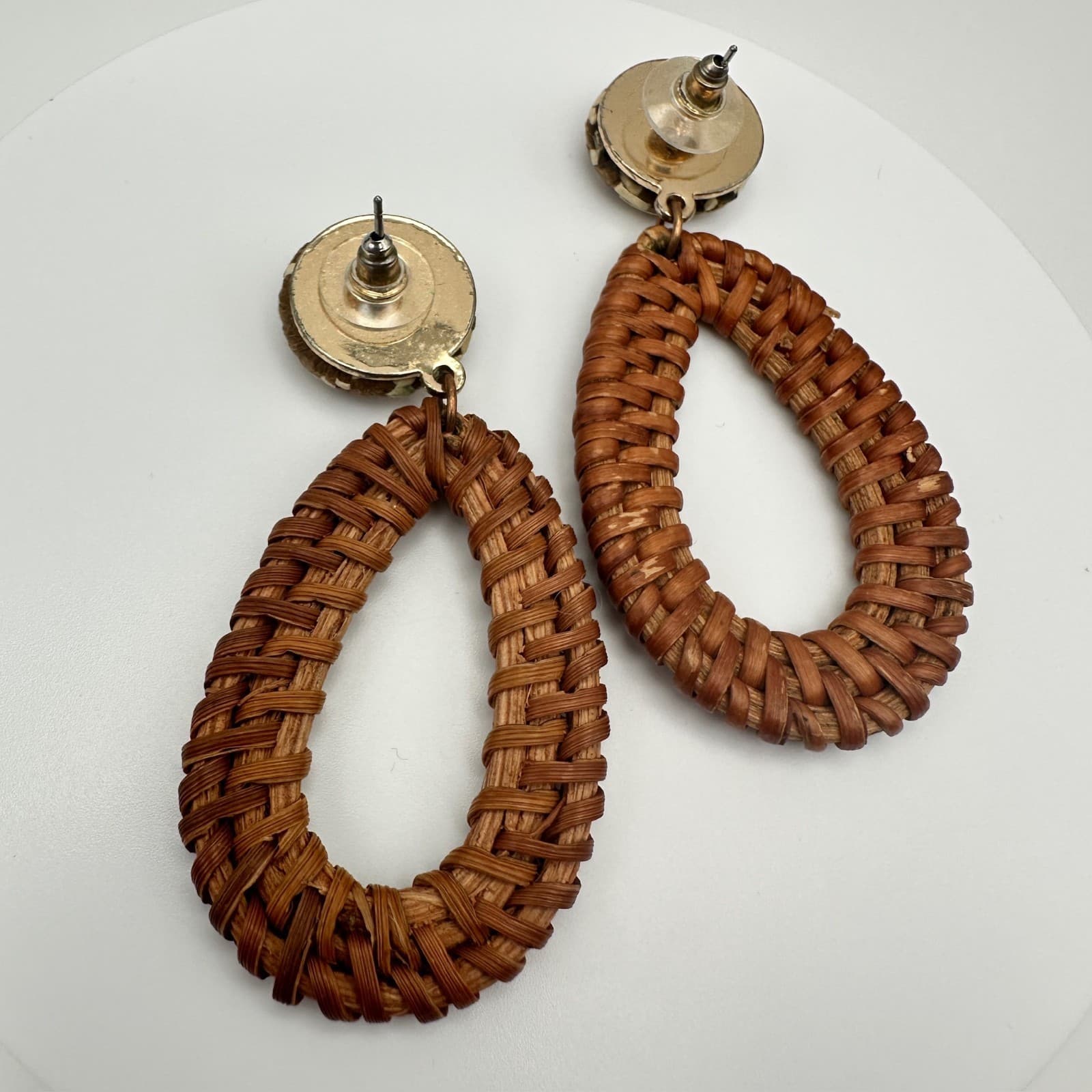 Vintage 90s Woven Rattan Teardrop Dangle Earrings Boho Straw Statement Jewelry - Thumbnail 8