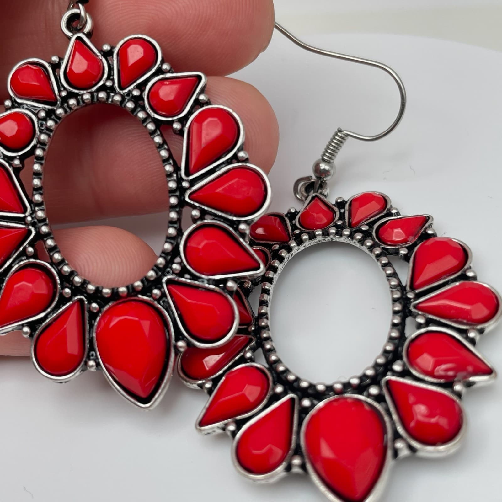 Vintage 80s Red Stone Silver Tone Oval Drop Large Earrings Women's Jewelry - Thumbnail 8