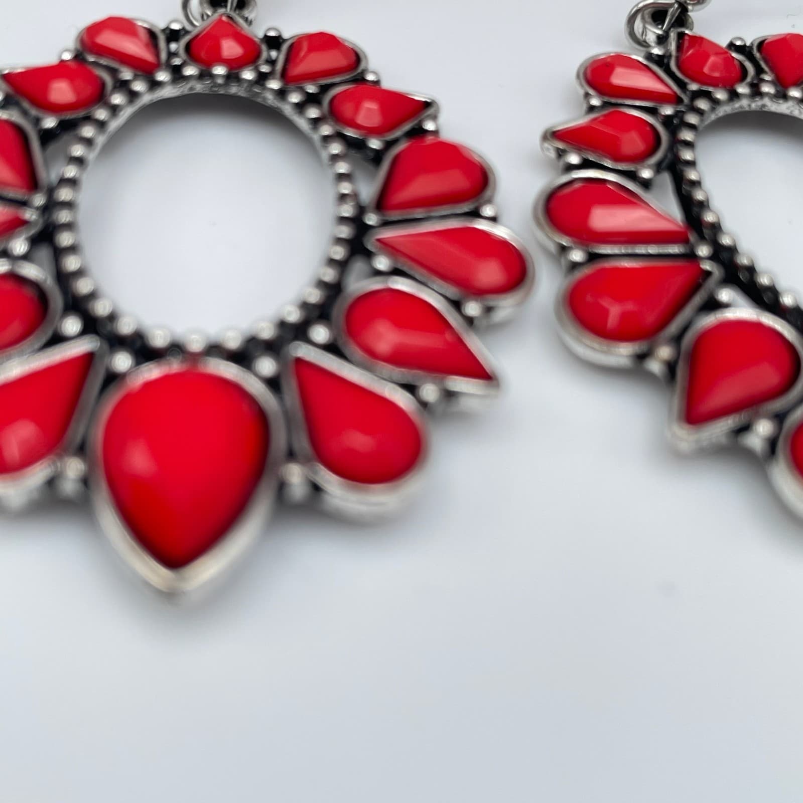 Vintage 80s Red Stone Silver Tone Oval Drop Large Earrings Women's Jewelry - Thumbnail 6