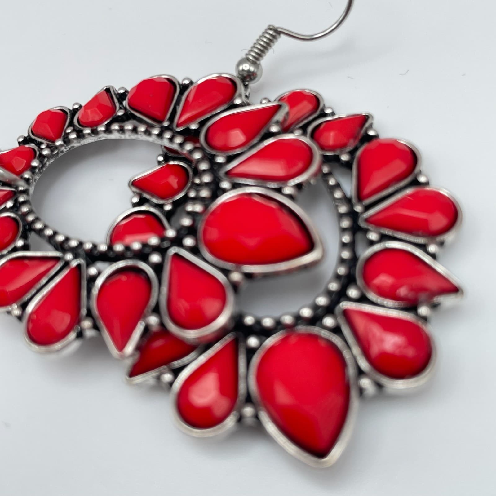 Vintage 80s Red Stone Silver Tone Oval Drop Large Earrings Women's Jewelry - Thumbnail 9