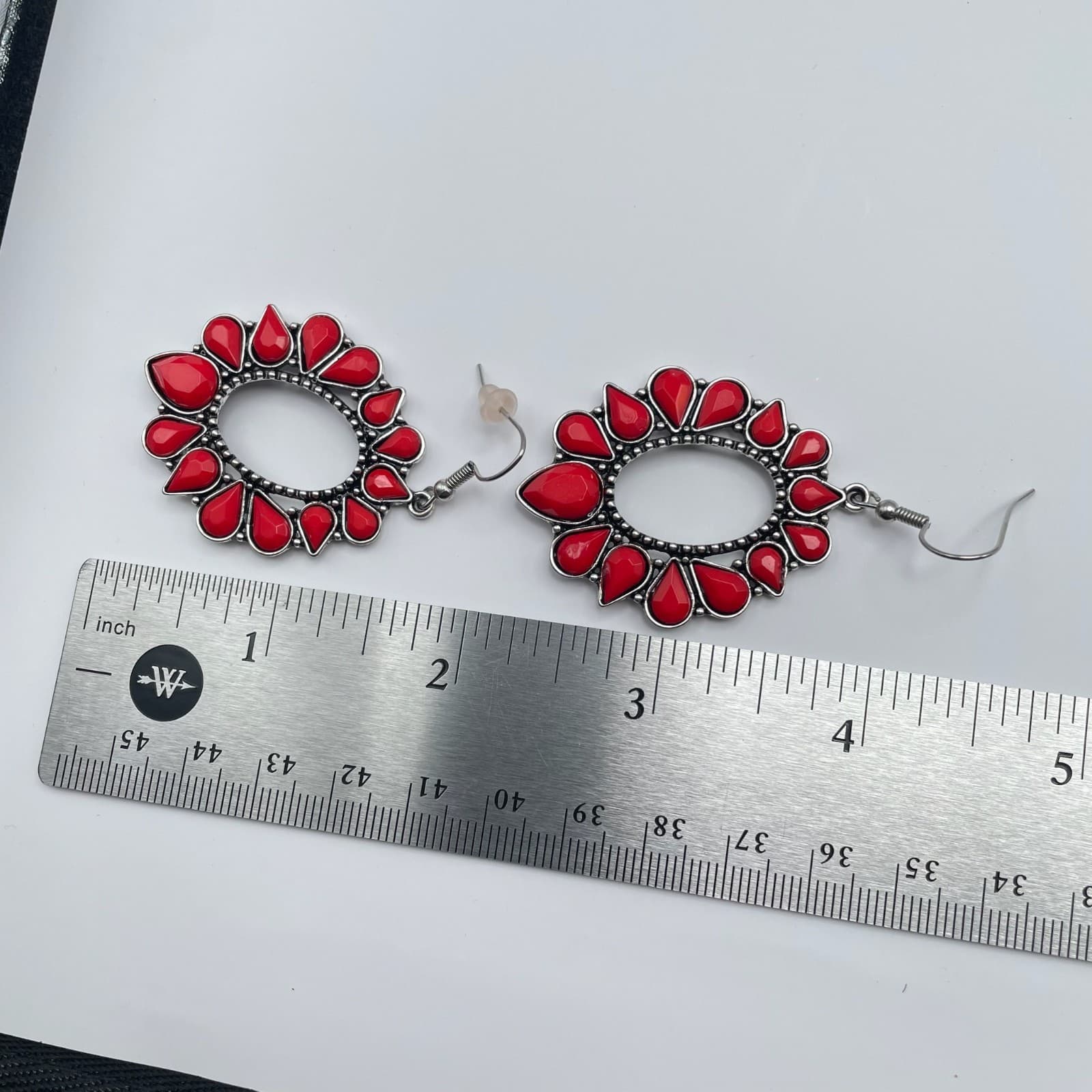 Vintage 80s Red Stone Silver Tone Oval Drop Large Earrings Women's Jewelry - Thumbnail 10