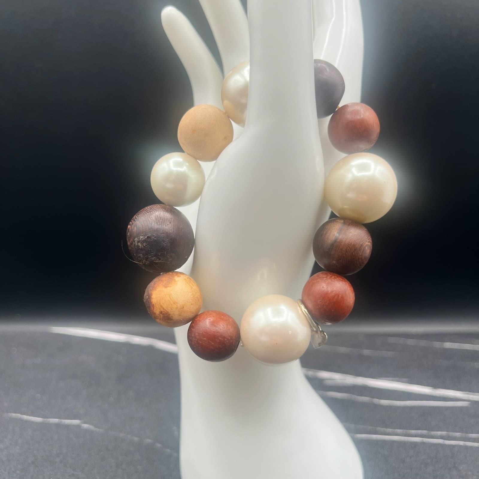 Vintage 90s Chunky Wood Faux Pearl Stretch Bead Bracelet Statement Jewelry - Image 1