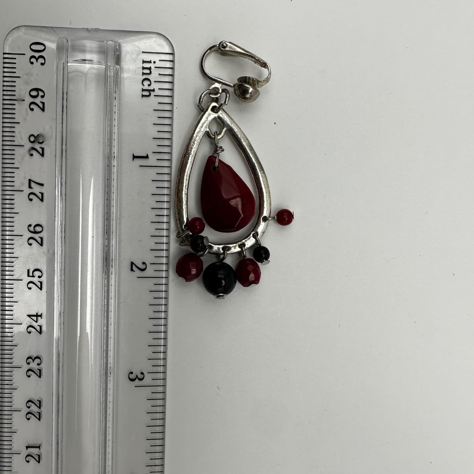 Vintage 90s Silver tone red tear drop black bead dangle clip on earring jewelry - Thumbnail 8