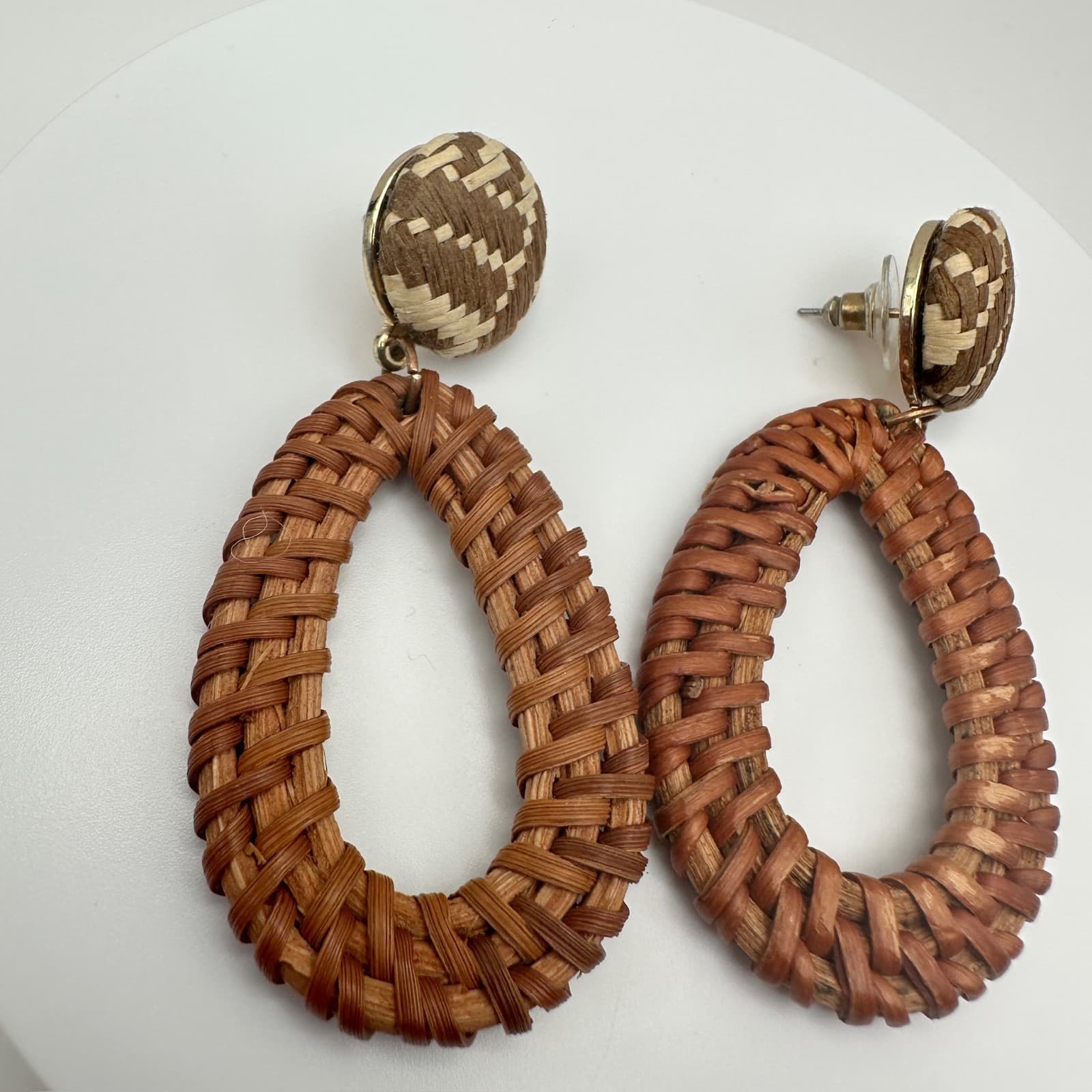 Vintage 90s Woven Rattan Teardrop Dangle Earrings Boho Straw Statement Jewelry - Thumbnail 6