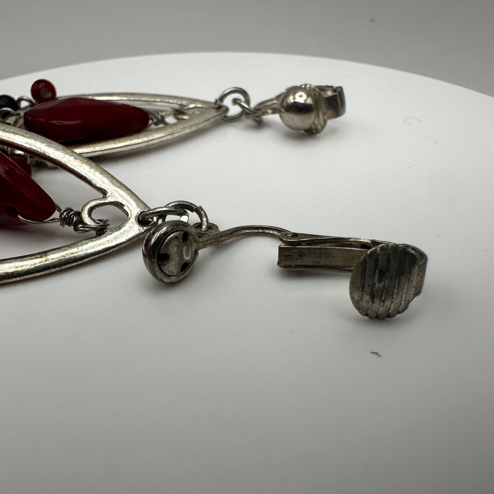Vintage 90s Silver tone red tear drop black bead dangle clip on earring jewelry - Thumbnail 7