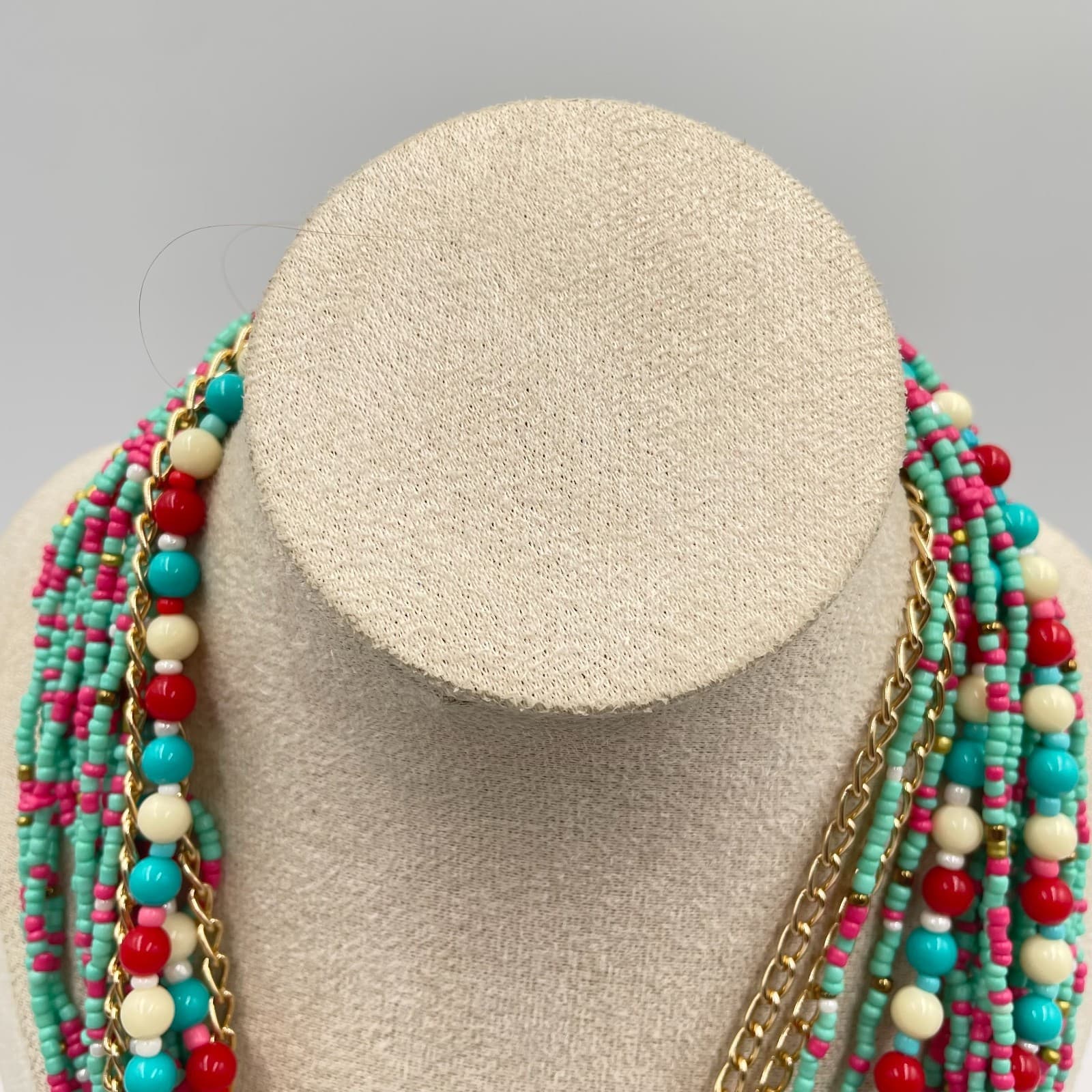 Gold-Tone Chain Multicolor Seed Bead Multi-Stranded Layered Bib Lobster Necklace - Thumbnail 2