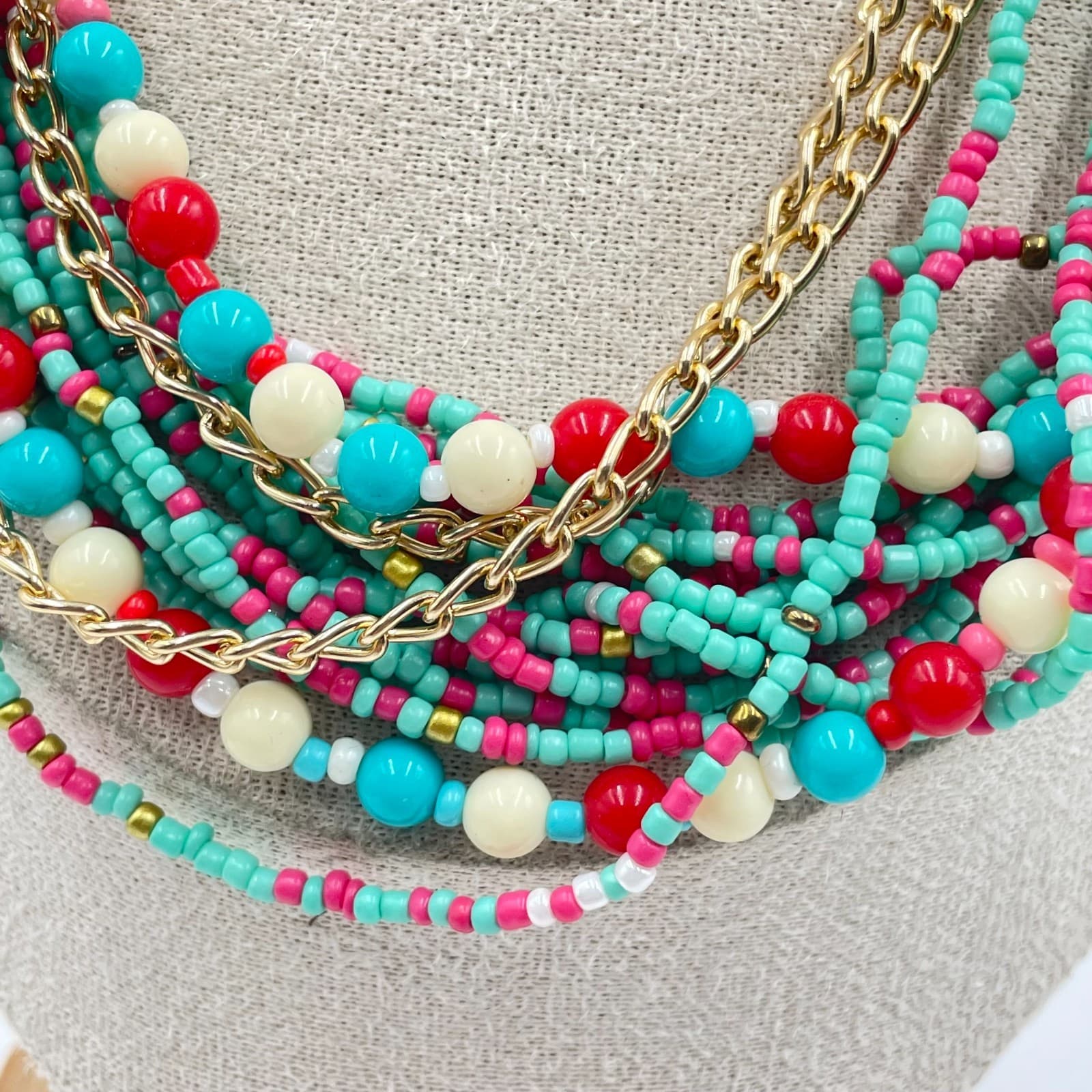Gold-Tone Chain Multicolor Seed Bead Multi-Stranded Layered Bib Lobster Necklace - Thumbnail 3