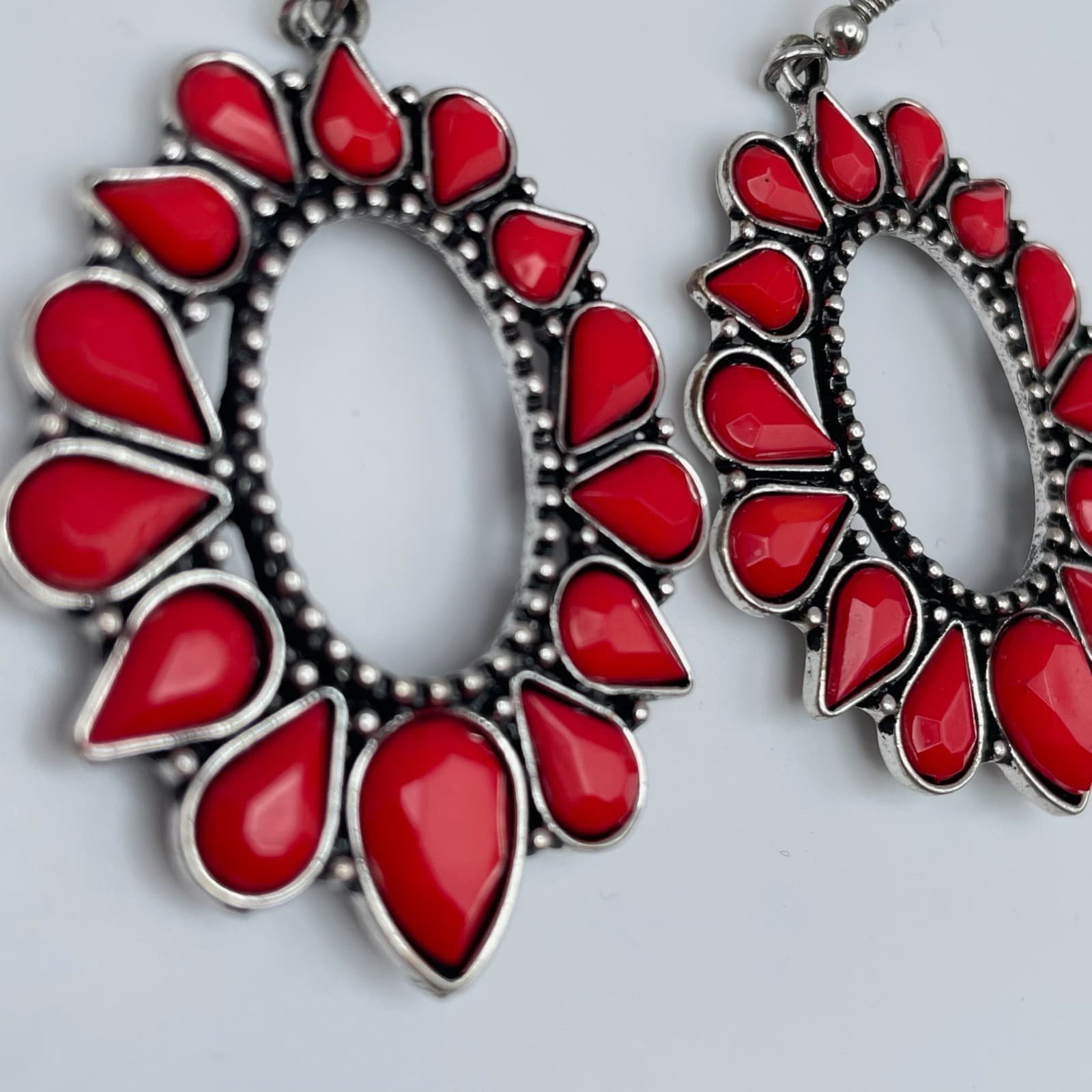 Vintage 80s Red Stone Silver Tone Oval Drop Large Earrings Women's Jewelry - Thumbnail 5