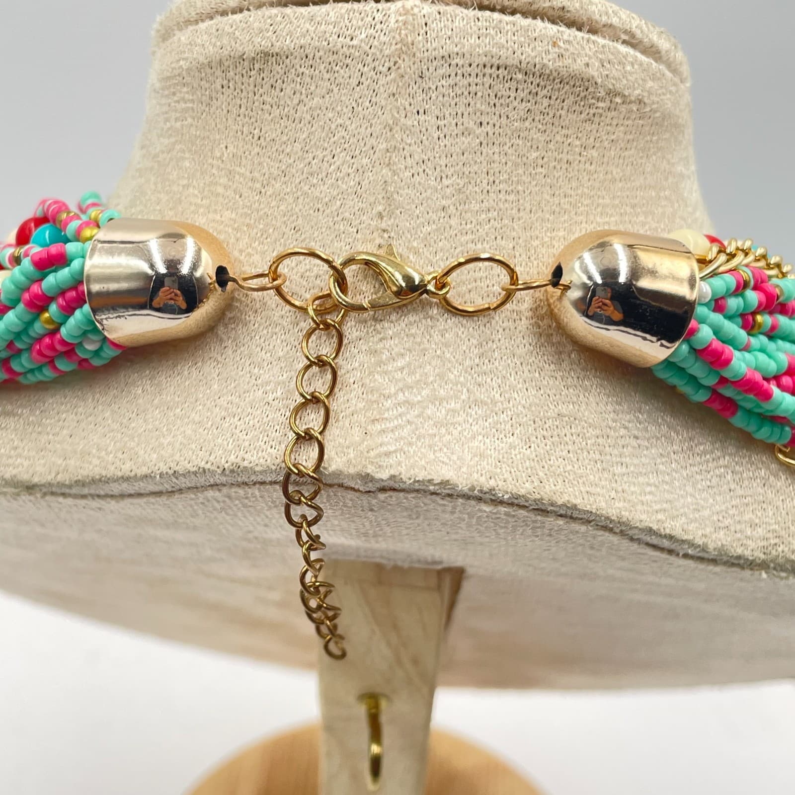 Gold-Tone Chain Multicolor Seed Bead Multi-Stranded Layered Bib Lobster Necklace - Thumbnail 5