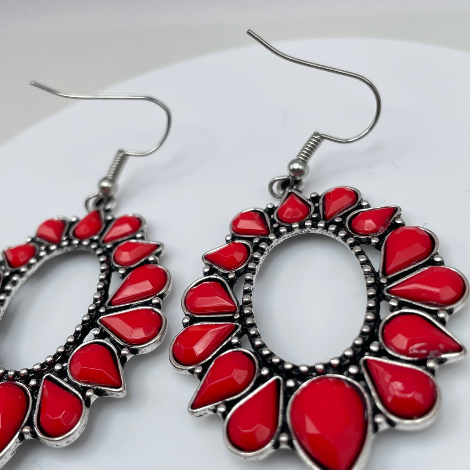 Vintage 80s Red Stone Silver Tone Oval Drop Large Earrings Women's Jewelry - Thumbnail 7