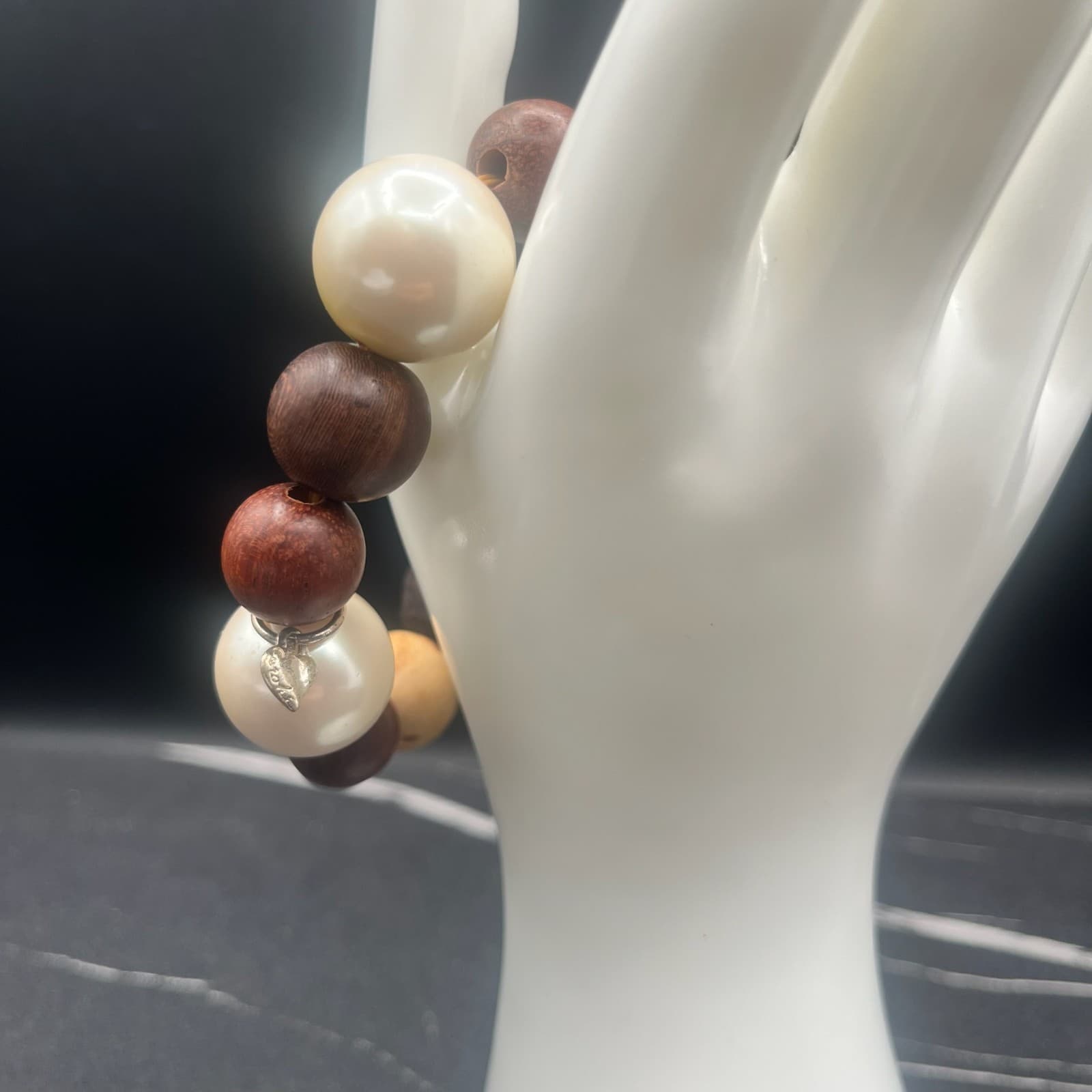 Vintage 90s Chunky Wood Faux Pearl Stretch Bead Bracelet Statement Jewelry - Thumbnail 3