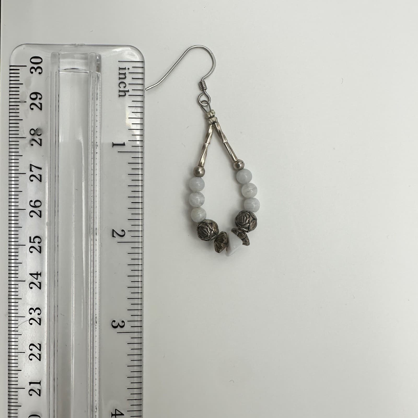 VTG 90s Boho Teardrop White Stone Beaded Earrings Silver Tone Women's Jewelry - Thumbnail 9
