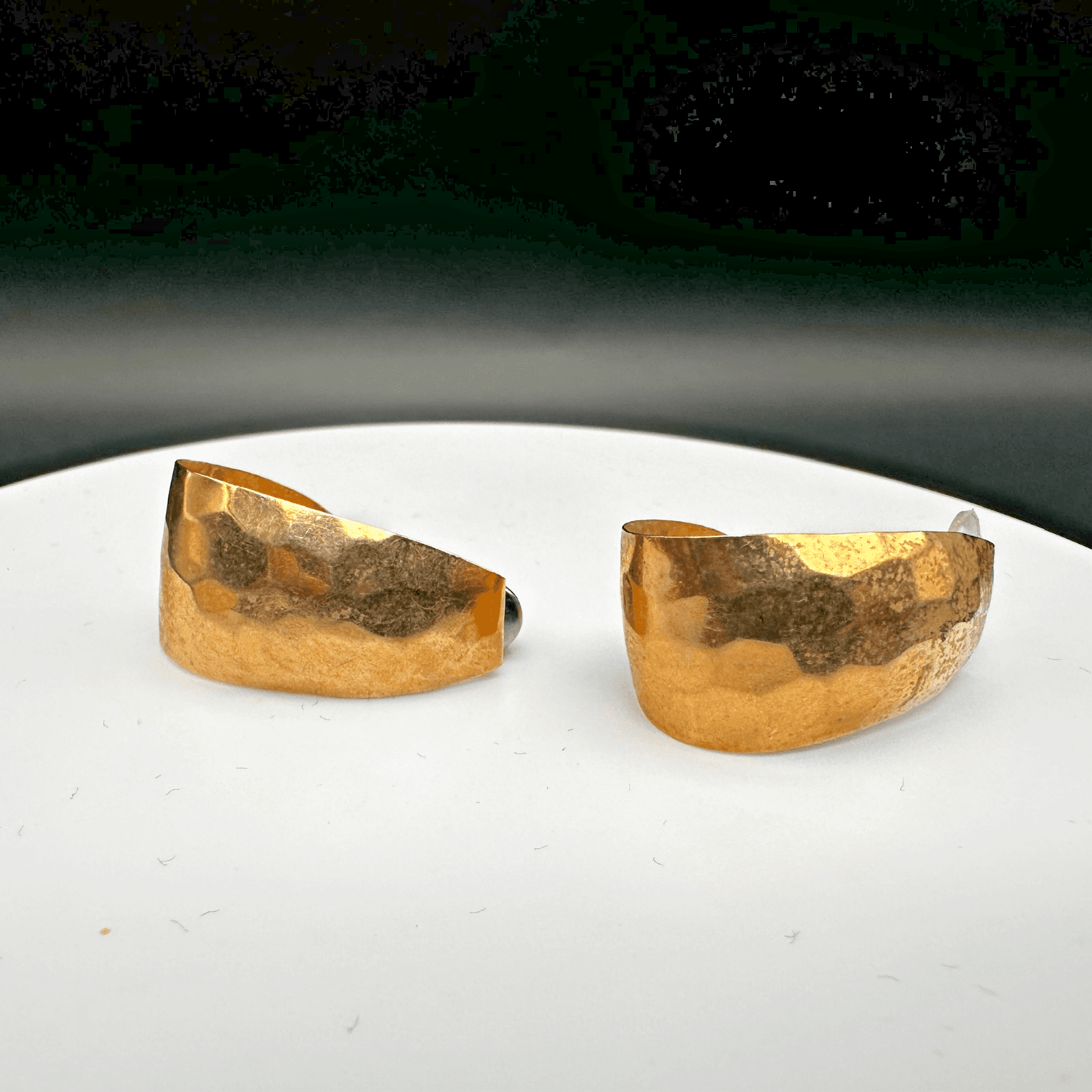 Vintage 80s 90s Hammered Gold Tone Cuff Earrings Wide Post Half Hoop Statement - Image 1