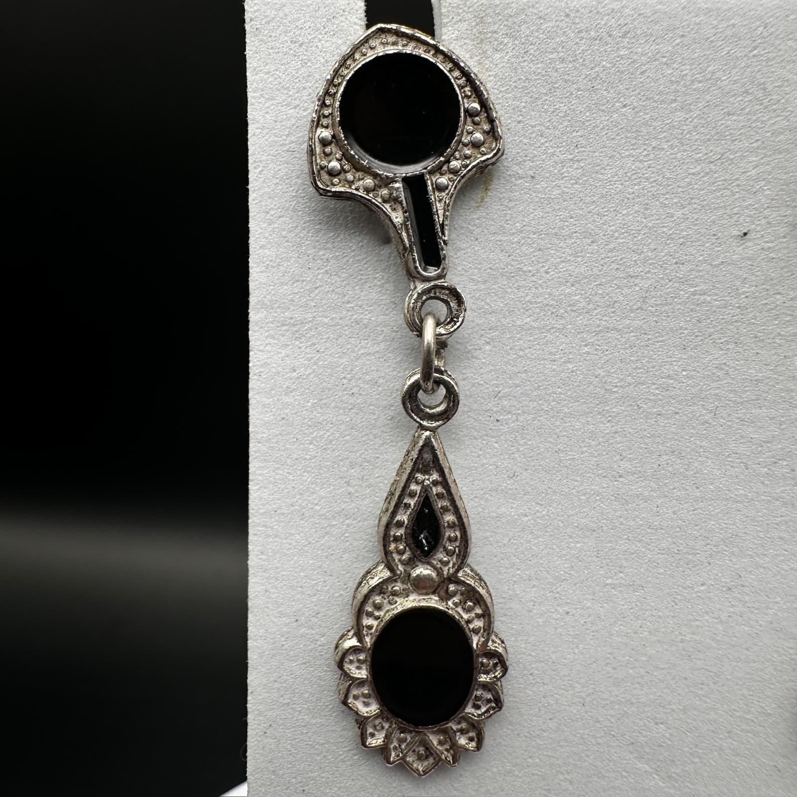 Vintage Y2K 90s Dangle Drop Earrings Black Enamel Silver Tone Ornate Jewelry - Thumbnail 4