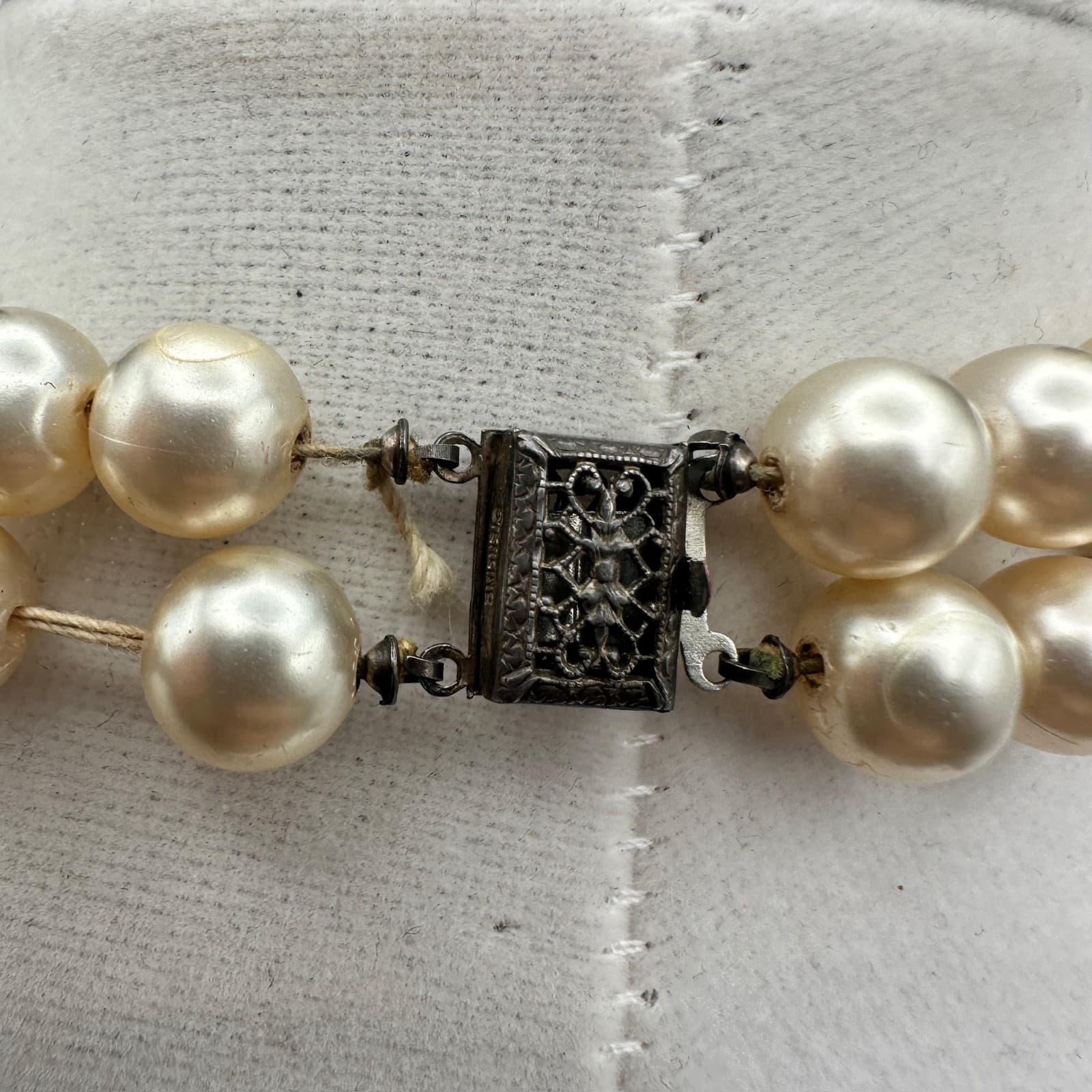Vintage 60s Double Strand Faux Pearl Choker Necklace Filigree Box Clasp Jewelry - Thumbnail 5
