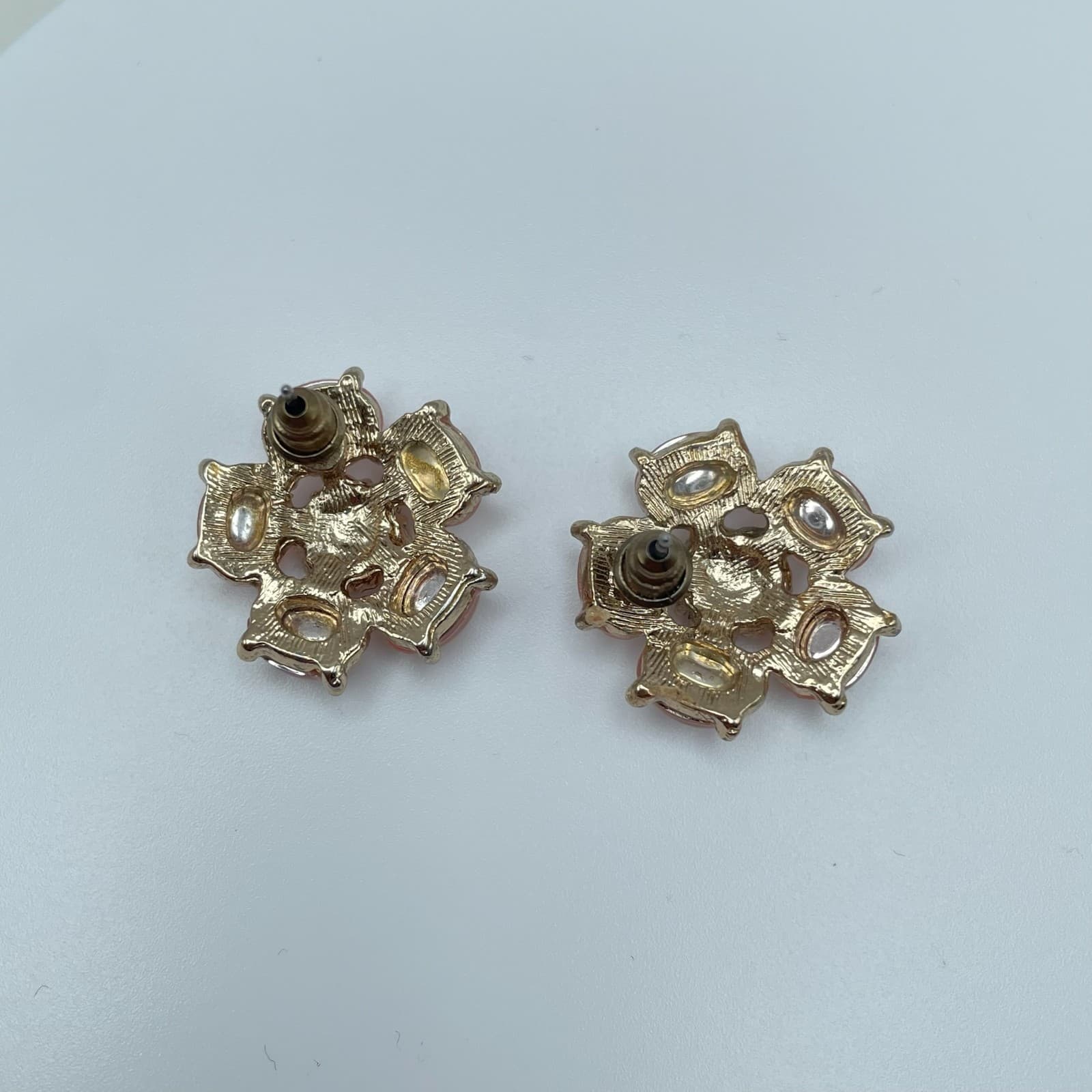 Vintage Y2K Pink Floral Stud Earrings Crystal Gold Tone Women's Jewelry - Thumbnail 3
