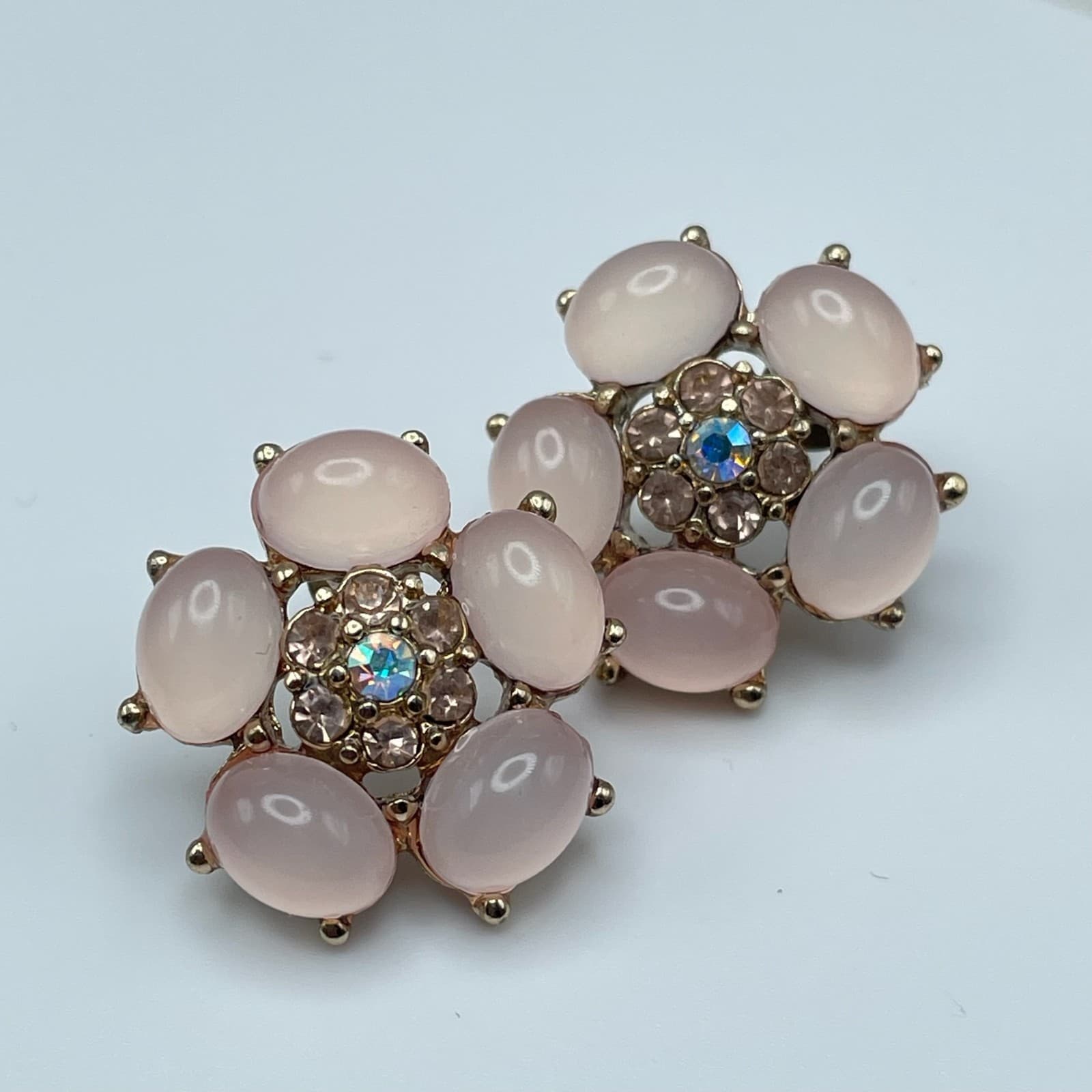 Vintage Y2K Pink Floral Stud Earrings Crystal Gold Tone Women's Jewelry - Thumbnail 5