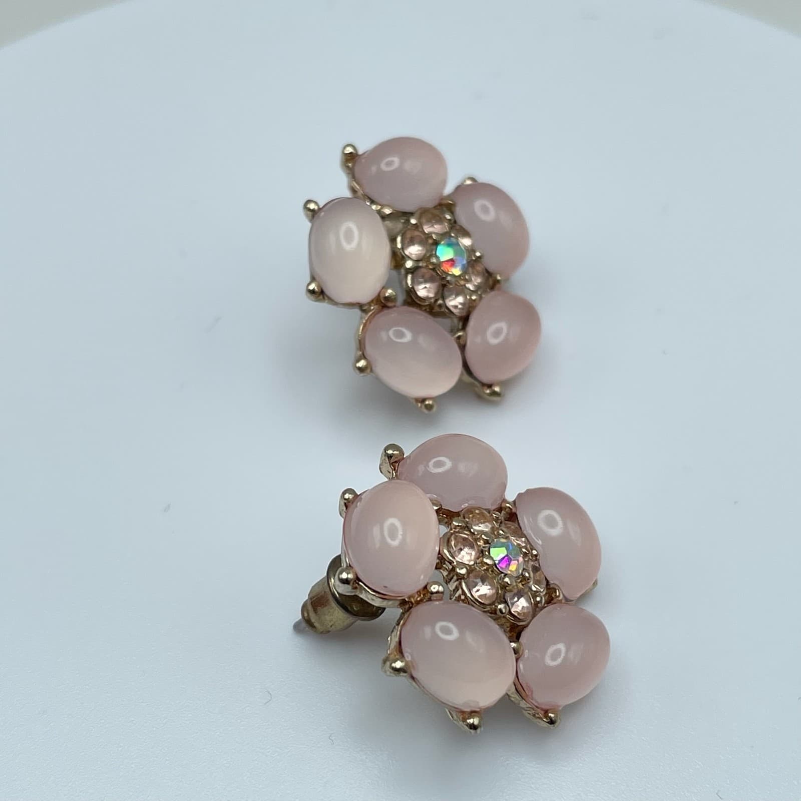Vintage Y2K Pink Floral Stud Earrings Crystal Gold Tone Women's Jewelry - Thumbnail 10